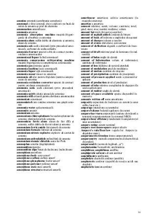 38
ammine ammină (combinaţie complexă)
ammonal (chim) amonal; (min) exploziv pe bază de
nitrat de amoniu şi praf de aluminiu
ammonation amonificare
ammonia amoniac
ammonia absorption machine maşină (frigori-
genă) de absorbţie cu amoniac
ammonia alum sulfat dublu de aluminiu şi amoniu;
alaun de amoniu
ammonia ash sodă calcinată (prin procedeul amo-
niacal), carbonat de sodiu anhidru
ammonia burner aparat/sobă de contact pentru
oxidarea amoniacului
ammoniacal liquor lichid amoniacal
ammonia compression refrigerating machine
maşină frigorigenă cu comprimarea amoniacului
ammonia gas amoniac gazos
ammonia leaching leşie amoniacală
ammonia liquor apă amoniacală
ammonia maser maser cu amoniac
ammonia oil ulei pentru frigidere/pentru compre-
soare de amoniac
ammonia oxidation converter aparat de contact
pentru oxidarea amoniacului
ammonia soda sodă calcinată (prin procedeul
amoniacal)
ammonia spirit soluţie apoasă de amoniac
ammonia still coloană pentru distilarea amoniacului
ammoniate amoniacat
ammoniated care conţine amoniac sau grupă amo-
niu
ammonia water apă amoniacală
ammonite amonit
ammonium amoniu
ammonium chloroplatinate hexacloroplatinat de
amoniu; platiniclorură de amoniu
ammonium ferric alum alaun de fier (III) şi
amoniu; sulfat dublu de fier trivalent şi amoniu
ammonium ferricyanide fericianură de amoniu
ammonium formate formiat de amoniu
ammonium nitrate explosive exploziv de azotat de
amoniu
ammonium polysulphide polisulfură de amoniu
ammonium stannic chloride sarea lui Pink
ammophos amofos (îngrăşământ)
ammunition muniţie
ammunition clips benzi de încărcare; încărcătoare
amorphism amorfism
amorphous body corp amorf
amorphous carbon carbon amorf
amorphous phosphorus fosfor amorf
amorphous polymer polimer amorf
amorphous state stare amorfă
amorphous structure structură amorfă
amortisseur amortizor, colivie amortizoare (la
maşinile sincrone)
amortize a amortiza
amount mărime; sumă; valoare; cantitate; total;
grad; stare; stoc; număr; mulţime; volum
amount bet miză (în teoria jocurilor)
amount of asphalt added conţinut de bitum
amount of back off mărime a unghiului de aşezare
amount of charges valoare a taxelor
amount of crown sfericitate; convexitate
amount of deflection săgeată a curburii/de înco-
voiere
amount of draft mărime/grad de laminare (în ind.
textilă)
amount of helm unghi de cârmă
amount of Information volum al informaţiei;
cantitate de informaţie
amount of loss înălţime de sarcină pierdută
amount of modulation grad de modulaţie
amount of motion cantitate de mişcare
amount of precipitation cantitate de precipitaţii
amount of pressure applied sumă a presiunilor
aplicate
amount of production nivel al producţiei
amount of rake mărime a unghiului de degajare (la
scule aşchietoare)
amount of rudder unghi de cârmă
amount of space available spaţiu disponibil în
memorie
amounts written off sume amortizate
ampacity capacitate de încărcare cu curent (a unui
cablu, laser etc.)
amperage intensitate a curentului
ampere balance balanţă/egalizare de curent
ampere-bar/-turn amperspiră (unitate de măsură a
tensiunii magnetomotoare în sistemul MKS)
ampere-hour efficiency randament în amperore (al
unui acumulator)
ampere rating curent nominal
ampere root mean-square amper efectiv
Ampere's rule/float law regula lui Ampere (a
degetului mare)
amperometric titration titrare amperometrică
amperometry metodă amperometrică/electrolitică
de analiză
ampersand & (semn de legătură „şi")
amphetamine benzedrină; amfetamina
amphibian; amphibious amfibiu
amphiprotic solvent solvent amfoter
amphitheatre amfiteatru
ampholyte electrolit amfoter (amfolit)
amphoteric amfoter (capabil de reacţie acidă sau
alcalină)
amphoteric ion ion amfoter
 