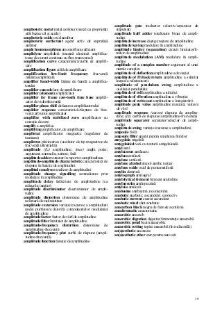 39
amphoteric metal metal amfoter (metal cu proprietăţi
atât bazice cît şi acide)
amphoteric oxide oxid amfoter
amphoteric surfactant agent activ de suprafaţă
amfoter
ample homomorphism omomorfism suficient
amplidyne amplidină (maşină electrică amplifica-
toare de curent continuu cu flux transversal)
amplifîcation curve caracteristică/curbă de amplifi-
care
amplification figure cifră de amplificare
amplifîcation low-limit frequency frecvenţă
minima amplificată
amplifier band-width lăţime de bandă a amplifica-
torului
amplifier cascade lanţ de amplificare
amplifier (element) amplificator
amplifier for frame saw-tooth time base amplifi-
cator de videofrecvenţă
amplifier phase shift defazare a amplificatorului
amplifier response caracteristică/răspuns de frec-
venţă a(l) unui amplificator
amplifier with stabilized zero amplificator cu
corecţie de zero
amplify a amplifica
amplifying amplificator, de amplificare
amplistat amplificator magnetic (regulator de
tensiune)
amplitron platinotron (oscilator de tip magnetron de
frecvenţă ultraînaltă)
amplitude (fiz) amplitudine; (mat) unghi polar;
argument; anomalie; azimut; fază
amplitude adder sumator în raport cu amplitudinea
amplitude-amplitude characteristic caracteristică de
răspuns în funcţie de amplitudini
amplitude analyser analizor de amplitudini
amplitude change signalling semnalizare prin
modulare în amplitudine
amplitude delay întârziere de amplitudine (ca
măsură a inerţiei)
amplitude discriminator discriminator de ampli-
tudini
amplitude distortion distorsiune de amplitudine
neliniară/de neliniaritate
amplitude excursion variaţie/excursie a amplitudinii
undei purtătoare datorită componentelor modulaţiei
de amplitudine
amplitude factor factor de vârf/de amplitudine
amplitude filter limitator de amplitudine
amplitude-frequency distortion distorsiune de
amplitudine-frecvenţă
amplitude-frequency plot curbă de răspuns (ampli-
tudine-frecvenţă)
amplitude function funcţie de amplitudine
amplitude gate traductor selectiv/separator de
impulsuri
amplitude half adder totalizator binar de ampli-
tudini
amplitude increase câştig/creştere de amplitudine
amplitude keying modulare în amplitudine
amplitude limiter (separation) circuit limitator/li-
mitor de amplitudine
amplitude modulation (AM) modulare în ampli-
tudine
amplitude of a complex number argument al unui
număr complex
amplitude of deflection amplitudine a deviaţiei
amplitude of flyback/return amplitudine a saltului
înapoi/a reîntoarcerii
amplitude of pendulum swing amplitudine a
oscilaţiei pendulului
amplitude of roll amplitudine a ruliului
amplitude of vibration amplitudine a vibraţiei
amplitude of write-out amplitudine a înregistrării
amplitude peak value amplitudine maximă, valoare
de vârf
amplitude response (autom) răspuns de amplitu-
dine; (fiz) curbă de răspuns (amplitudine-frecvenţă)
amplitude separator separator/selector de ampli-
tudini
amplitude swing variaţie/excursie a amplitudinii
ampoule fiolă
ampoule filler aparat pentru umplerea fiolelor
amygdala migdală
amygdaloid rocă cu textură amigdaloidă
amyl amil
amylaceous amilaceu
amylase amilază
amylene amilenă
amylene alcohol alcool amilic terţiar
amylene oxide oxid de pentametilenă
amylin dextrină
amylograph amilograf
amylolytical ferment ferment amilolitic
amylopectin amilopectină
amylose amiloză
anabasine anabazină, neonicotină
anabatic anabatic; ascendent; convectiv
anabatic current curent ascendent
anabatic wind vânt anabatic
anacarbon black negru de fum de acetilenă
anachromatic anacromatic
anaerobic anaerob
anaerobic digestion digestie/fermentaţie anaerobă
anaerobic pond bazin anaerobic
anaerobic retting topire anaerobă (în ind.textilă)
an(a)esthetic anestezic
an(a)esthetic ether eter pentru narcoză
 
