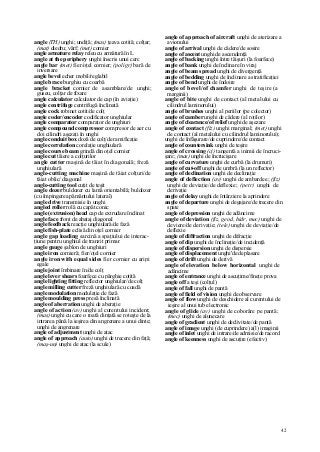42
angle (TH) unghi; undiţă; (mas) ţeava cotită; colţar;
(mat) diedru; vârf; (met) cornier
angle armature relay releu cu armătură în L
angle at the periphery unghi înscris unui cerc
angle bar (met) fier/oţel cornier; (poligr) bară de
inversare
angle bevel echer mobil/reglabil
angle brace burghiu cu coarbă
angle bracket cornier de asamblare/de unghi;
guseu, colţar de fixare
angle calculator calculator de cap (în aviaţie)
angle centrifuge centrifugă înclinată
angle cock robinet cotit/de colţ
angle coder/encoder codificator unghiular
angle comparator comparator de unghiuri
angle compound compressor compresor de aer cu
doi cilindri aşezaţi în unghi
angle conduit box doză de colţ/de ramificaţie
angle correlation corelaţie unghiulară
angle course beam grindă din oţel cornier
angle cut tăiere a colţurilor
angle cutter maşină de tăiat în diagonală; freză
unghiulară
angle-cutting machine maşină de tăiat colţuri/de
tăiat oblic/ diagonal
angle-cutting tool cuţit de teşit
angle dozer buldozer cu lamă orientabilă; buldozer
(cu împingerea pământului lateral)
angle drive transmisie în unghi
angled roller rolă cu capăt conic
angle (extrusion) head cap de extrudare înclinat
angle face front de abataj diagonal
angle feedback reacţie unghiulară/de fază
angle fish-plate eclisă din oţel cornier
angle gap loading sarcină a spaţiului de interac-
ţiune pentru unghiul de tranzit primar
angle gauge şablon de unghiuri
angle iron cornieră; fier/oţel cornier
angle iron with equal sides fier cornier cu aripi
egale
angle joint îmbinare în/de colţ
angle lever shears foarfece cu pârghie cotită
angle lighting fitting reflector unghiular/de colţ
angle milling cutter freză unghiulară cu coadă
angle modulation modulaţie de fază
angle moulding press presă înclinată
angle of aberration unghi de aberaţie
angle of action (av) unghi al curentului incident;
(mas) unghi cu care o roată dinţată se roteşte de la
intrarea până la ieşirea din angrenare a unui dinte;
unghi de angrenare
angle of adjustment unghi de atac
angle of approach (auto) unghi de trecere din faţă;
(maş-un) unghi de atac (la scule)
angle of approach of aircraft unghi de aterizare a
avionului
angle of arrival unghi de cădere/de sosire
angle of ascent unghi de ascendenţă
angle of backing unghi între tăişuri (la foarfece)
angle of bank unghi de înclinare în viraj
angle of beam spread unghi de divergenţă
angle of bedding unghi de înclinare a stratificaţiei
angle of bend unghi de îndoire
angle of bevel/of chamfer unghi de teşire (a
marginii)
angle of bite unghi de contact (al metalului cu
cilindrul laminorului)
angle of brushes unghi al periilor (pe colector)
angle of camber unghi de cădere (al roţilor)
angle of clearance/of relief unghi de aşezare
angle of contact (fiz) unghi marginal; (met) unghi
de contact (al metalului cu cilindrul laminorului);
unghi de înfăşurare/de cuprindere/de contact
angle of countersink unghi de teşire
angle of crossing (cj) tangentă a inimii de încruci-
şare; (mas) unghi de încrucişare
angle of curvature unghi de curbă (la drumuri)
angle of cut-off unghi de umbră (la un reflector)
angle of declination unghi de declinaţie
angle of deflection (av) unghi de ambardee; (fiz)
unghi de deviaţie/de deflexie; (petr) unghi de
derivaţie
angle of delay unghi de întârziere la aprindere
angle of departure unghi de degajare/de trecere din
spate
angle of depression unghi de adâncime
angle of deviation (fiz, geod, hidr, mec) unghi de
deviere/de derivaţie; (tele) unghi de deviaţie/de
deflexie
angle of diffraction unghi de difracţie
angle of dip unghi de înclinaţie/de incidenţă
angle of dispersion unghi de dispersie
angle of displacement unghi'de deplasare
angle of drift unghi de derivă
angle of elevation below horizontal unghi de
adâncime
angle of entrance unghi de ascuţime/fineţe prova
angle off a teşi (colţul)
angle of fall unghi de pantă
angle of field of vision unghi de observare
angle of flow unghi de deschidere al curentului de
ieşire al unui tub electronic
angle of glide (av) unghi de coborâre pe pantă;
(mec) unghi de alunecare
angle of gradient unghi de declivitate/de pantă
angle of image unghi (de cuprindere) a(l) imaginii
angle of inlet unghi de intrare/de admisie/de racord
angle of keenness unghi de ascuţire (efectiv)
 