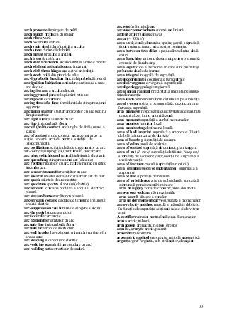 55
arch pressure împingere de boltă
arch punch preducea cu mâner
arch rib nervură
arch roof boltă sferică
arch spân deschidere/lumină a arcului
arch stone cărămidă de boltă
arch thrust presiune a arcului
arch truss fermă în arc
arch with fîxed ends arc încastrat la ambele capete
arch without articulation arc încastrat
arch with three hinges arc cu trei articulaţii
arch work boltă din piatră de talie
arc-hyperbolic function funcţie hiperbolică inversă
arc ignition/initiation aprindere/amorsare a unui
arc electric
arcing formare a arcului electric
arcing ground punere la pământ prin arc
arcing over conturnare
arcing time of a fuse timp/durată de stingere a unei
siguranţe
arc lamp starter starter/aprinzător cu arc pentru
lămpi electrice
arc light lumină a lămpii cu arc
arc line linie curbată; florar
arc of (belt) contact arc/unghi de înfăşurare a
curelei
arc of contact arc de contact; arc rezemat arco m
staţie terestră arctică pentru sateliţi de
telecomunicaţii
arc oscillation oscilaţie dată de un generator cu arc
arc-over (av) luping; (el) conturnare, descărcare
arc plug switchboard centrală telefonică elveţiană
arc quenching stingere a unui arc (electric)
arc rectifier redresor cu arc, redresor ionic cu catod
incandescent
arc sender/transmitter emiţător cu arc
arc shearer maşină de havat cu tăiere în arc de cerc
arc spark scânteie de arc electric
arc spectrum spectru al arcului (electric)
arc stream coloană pozitivă a arcului electric;
plasmă
arc stream burner arzător cu plasmă
arc-stream voltage cădere de tensiune în lungul
arcului electric
arc-suppression coil bobină de stingere a arcului
arc-through blocare a arcului
arctic ci rele cerc arctic
arc transmitter emiţător cu arc
arcuate line linie curbată; florar
arcwall face front de lucru curb
arcwall header haveză pentru înaintări cu tăiere în
arc de cerc
arc welding sudare cu arc electric
arc-welding seam îmbinare (sudare cu arc)
arc-welding set convertizor de sudură
arcwise în formă de arc
arcwise connectedness conexiune liniară
ardent ardent (despre navă)
are ar (= 100 m2
)
area areal; zonă; domeniu; spaţiu; gamă; suprafaţă;
ţinut, regiune; teren; arie; sector; perimetru
area between two dikes spaţiu/cîmp dintre două
epiuri
area franchise teritoriu desemnat pentru o anumită
operaţie de franchising
area input zonă a memoriei în care sunt primite şi
prelucrate datele de intrare
area integral integrală de suprafaţă
areal coordinates coordonate baricentrice
areal divergence divergenţă superficială
areal geology geologie regională
areal mean rainfall precipitaţia mediată pe supra-
faţa de recepţie
area load încărcare uniform distribuită pe suprafaţă
areal sweep spălare pe suprafaţă; dezlocuire pe
întreaga suprafaţă
area manager responsabil cu activitatea desfăşurată
descentralizat într-o anumită zonă
area moment suprafaţă a curbei momentelor
area monitor monitor local
area monitoring dozimetrie locală
area of ball imprint suprafaţă a amprentei (lăsată
de bilă la încercarea de duritate)
area of bearin g suprafaţă de reazem
area of calms zonă de acalmie
area of contact suprafaţă de contact; plan tangent
area of cut (l, mec) suprafaţă de tăiere; (maş-un)
suprafaţă de aşchiere; (mat) secţiune, suprafaţă a
unei intersecţii
area of fracture casură (suprafaţă a rupturii)
area of impression/of indentation suprafaţă a
amprentei
area of rest suprafaţă de reazem
area of subsidence arie de subsidenţă; suprafaţă
subminată prin exploatări miniere
area of supply zonă de consum; zonă deservită
area-preserved care păstrează ariile
area search căutare a zonelor
area under moment curve suprafaţă a momentelor
area-velocity method metodă a măsurării debitelor
în funcţie de suprafaţa secţiunii udate şi de viteza
apei
A-rectifier redresor pentru încălzirea filamentelor
arena arenă; tribună
arenaceous arenaceu, nisipos, grezos
arenite, arenyte arenit, psamit
areometer areometru
areometric method areometrie; metodă areometrică
argent argint/7argintiu, alb, strălucitor, de argint
 