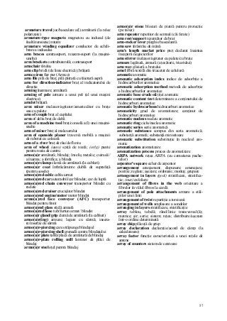 57
armature travel joc/basculare a(l) armăturii (la relee
polarizate)
armature-type magneto magnetou cu indusul (de
înaltă tensiune) rotativ
armature winding equalizer conductor de echili-
brare a indusului
arm braces contrasuport, reazem-suport (la maşini-
unelte)
arm brackets contrabuterolă; contrasuport
armchair fotoliu
arm clip bridă (de linie electrică); brăţară
armco iron fier pur (Armco)
arm file pilă de braţ; pilă pătrată cu tăietură aspră
arm for direction-indicator braţ al indicatorului de
direcţie
arming înarmare; armătură
arming of pole armare a unui pol (al unei maşini
electrice)
armlet brăţară
arm mixer malaxor/agitator/amestecător cu braţe
sau cu palete
arm of couple braţ al cuplului
arm of delta braţ de deltă
arm of a machine tool braţ/consolă a(l) unei maşini-
unelte
arm of mixer braţ al malaxorului
arm of openside planer traversă mobilă a maşinii
de rabotat cu coloană
arm of a river braţ de râu/de fluviu
arm of wheel (auto) spiţă de roată; (orlg) punte
pentru roata de centru
armo(u)r armătură; blindaj; înveliş metalic; cuirasă//
a înarma; a fortifica; a blinda
armo(u)r clamp clemă de armătură (la cabluri)
armo(u)r coat îmbrăcăminte dublă de suprafaţă
(pentru şosele)
armo(u)red cable cablu armat
armo(u)red car automobil/car blindat; car de luptă
armo(u)red chain conveyor transportor blindat cu
raclete
armo(u)red cruiser crucişător blindat
armo(u)red engine/motor motor blindat
armo(u)red face conveyor (AFC) transportor
blindat pentru front
armo(u)red glass sticlă armată
armo(u)red hose tub/furtun armat/ blindat
armo(u)r gland/grip clemă de armătură (la cabluri)
armo(u)r(ing) armare; legare cu sârmă; insera-
re/inserţie de sârmă
armo(u)r-piercing care străpunge blindajul
armo(u)r-piercing shell grenadă contra blindajului
armo(u)r plate tablă/placă de armătură/de blindaj
armo(u)r-plate rolling mill laminor de plăci de
blindaj
armo(u)r steel oţel pentru blindaj
armo(u)r stone blocuri de piatră pentru protecţie
(pe taluz)
arm repeater repetitor de semnal (căi ferate)
arm rest/support rezemător de braţ
arm-rocker lever pârghie basculantă
arm saw ferăstrău de mână
arm's length market price preţ declarat înaintea
începerii negocierilor
arm stirrer malaxor/agitator cu palete/cu braţe
armure legătură, armură (a ţesăturii, tricotului)
arm way glisieră a braţului
arnel fibră textilă din triacetat de celuloză
aromatic aromatic
aromatic adsorption index indice de adsorbţie a
hidrocarburilor aromatice
aromatic adsorption method metodă de adsorbţie
a hidrocarburilor aromatice
aromatic base crude oii ţiţei aromatic
aromatic content test determinare a conţinutului de
hidrocarburi aromatice
aromatic hydrocarbons hidrocarburi aromatice
aromaticity grad de aromatizare; conţinut de
hidrocarburi aromatice
aromatic nucleus nucleu aromatic
aromatic ring ciclu/nucleu aromatic
aromatic series serie aromatică
aromatic substance compus din seria aromatică;
substanţă aromată; substanţă mirositoare
aromatic substitution substituţie în nucleul aro-
matic
aromatization aromatizare
aromatization process proces de aromatizare
ARPA network reţea ARPA (cu comutarea pache-
telor)
arpentor's square echer de arpentor
arrangement aranjament; dispunere; amenajare;
poziţie; reglare; aşezare; ordonare; montaj; grupare
arrangement in layers (geol) stratificare, stratifica-
ţie; (met) exfoliere
arrangement of fibres in the web orientare a
fibrelor în vălul fibros la cardă
arrangement of pole attachments armare a stâl-
pilor unei linii
arrangement of twist repartiţie a torsiunii
arrangement of wells amplasare a sondelor
arranging in layers stratificare, stratificaţie
array tablou, tabelă; rând/linie transversal(ă);
matrice; şir; serie; sistem; reţea; distribuire/aşezare
într-o ordine determinată
array chip plăcuţă de grup
array declaration declaraţie/acord de câmp (la
calculatoare)
array factor funcţie caracteristică a unei reţele de
antene
array of counters sistem de contoare
 