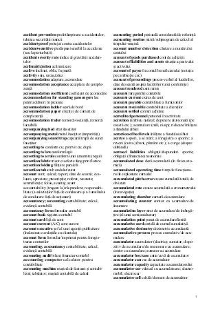 7
accident prevention preîntâmpinare a accidentelor;
tehnica securităţii muncii
accident-proof protejat contra accidentelor
accident-sensitive predispus/sensibil la accidente
(sau la perturbaţii)
accident severity rate indice al gravităţii acciden-
telor
acclimat(iz)ation aclimatizare
acclive înclinat, oblic, în pantă
acclivity suiş, urcuş,taluz
accommodation adaptare, acomodare
accommodation acceptance acceptare de comple-
zenţă
accommodation coefficient coeficient de acomodare
accommodation for standing passengers loc
pentru călători în picioare
accommodation ladder scară de bord
accommodation paper efect(e) de comerţ de
complezenţă
accommodation trailer remorcă-locuinţă, remorcă
locuibilă
accompanying bed strat însoţitor
accompanying metal metal însoţitor (impurităţi)
accompanying sound trap capcană/trapă de sunet
însoţitor
according to conform cu; potrivit cu; după
according to law conform legii
according to a rule conform unei (anumite) reguli
accordion fabric tricot cu efecte fang prin flotare
accordion folding fălţuire paralelă
accordion tube tub ondulat/cutat
account cont; calcul; raport, dare de seamă; eva-
luare, apreciere; prescripţie; referat, recenzie;
semnificaţie; folos, avantaj; acont
accountability (tragere la) răspundere; responsabi-
litate (a salariaţilor faţă de conducere şi a consiliului
de conducere faţă de acţionari)
accountancy; accounting contabilitate; calcul,
evidenţă contabilă
accountancy form formular contabil
account-book registru contabil
account card fişă de cont
account current (A/C) cont curent
account executive şef al unei agenţii publicitare
(însărcinat cu relaţiile cu clientela)
account form formular/imprimat pentru înregis-
trarea conturilor
accounting; accountancy contabilitate; calcul,
evidenţă contabilă
accounting audit bilanţ fmanciar-contabil
accounting computer calculator pentru
contabilitate
accounting machine maşină de facturat şi contabi-
lizat; tabulator; maşină contabilă de calcul
accounting period perioadă considerată/de referinţă
accounting routine rutină/subprogram de calcul al
timpului-maşină
account number detection căutare a numărului
contului
account of goods purchased cont de achiziţii
account of liabilities and assets situaţie a pasivului
şi activului
account of payee în contul beneficiarului (notaţie
pe cambie/pe cec)
account of proceedings proces-verbal al lucrărilor,
dare de seamă asupra lucrărilor (unei conferinţe)
account rendered cont remis
accounts înregistrări contabile
accounts current extras de cont
accounts payable contabilitate a furnizorilor
accounts receivable contabilitate a clienţilor
accounts settled conturi achitate
accredited personnel personal în activitate
accretion rambleu natural; depunere aluvionară (pe
coastă etc.); acumulare (mâl, nisip); ridicare/înălţare
a fundului albiei
accretion of bed levels înălţare a fundului albiei
accrue a spori, a se mări; a înregistra o sporire; a
reveni (cuiva) (bani, pământ etc.); a curge (despre
dobândă)
accrued liabilities obligaţii/răspunderi sporite;
obligaţii (financiare) neonorate
accumulated dose doză acumulată (în fizica ato-
mică)
accumulated operating time timp de funcţiona-
re/de exploatare cumulat
accumulated pitch error eroare cumulată/totală de
divizare
accumulated rate eroare acumulată a cronometrului
(în navigaţie)
accumulating chamber cameră de acumulare
accumulating counter contor cu acumulare/de
însumare
accumulation layer strat de acumulare/de îmbogă-
ţire (al unui semiconductor)
accumulation point punct de acumulare/limită
accumulative card cartelă de cumul/cumulativă
accumulative dosimetry dozimetrie acumulantă
accumulative process proces cumulativ/de acu-
mulare
accumulator acumulator (electric); sumator; dispo-
zitiv de acumulare/de memorare cu acumulare;
contor cu acumulare; sumator cu acumulare
accumulator box/case cutie/cuvă de acumulator
accumulator can vas de acumulator
accumulator capacity capacitate a acumulatorului
accumulator car vehicul cu acumulatoare; electro-
mobil; electrocar
accumulator cell celulă/element de acumulator
 