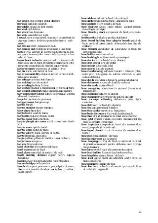 98
bar screen ciur cu bare; grătar din bare
bar soap săpun în calupuri
bar solder ciocan de lipit metale
bar steel oţel în bare
bar stock bare laminate
bar strip semifabricat; ţaglă
bartack serie concentrată de puncte de cusătură în
zig-zag (pentru întărirea punctelor intens soli-
citate)
bar tension efort / tensiune în bară
bar-tension nut piuliţă de tensionare a unei bare
barter troc, comerţ în compensaţie (tehnică din
categoria tranzacţiilor comerciale legate) // a face
schimb / troc
barter back to back contract cadru inter-schimb;
tehnică ce are la bază principiul compensării între
parteneri cu cantităţi de mărfuri egale valoric
barter economy economie de schimb / troc
bar tin staniu sub formă de bare
bar to patentability obstacol juridic la brevetabili-
tatea unei invenţii
bar voltage tensiune între lamele
bar welding bare de sudură
bar winding bobinaj în bare
bar work prelucrare a materialului în formă de bară
bar-wound armature indus cu înfăşurare în bare
barycentre/barycenter centru de greutate; centru
de masă; baricentru
barye bar (unitate de presiune)
barygyroscope barigiroscop
baryon barion
baryon number număr barionic
barysphere barisferă
baryta barită, oxid de bariu
baryta flint (sticlă) flint de barită
baryta paper hârtie baritată
baryta phosphate crown sticlă crown baritofosfa-
tică
baryta water apă de barită
baryta white sulfat de bariu
baryta yellow (sticlă) crown de barită
barytes baritină, spat greu
baryte yellow galben de barită, cromat de bariu
barytron mezon greu
bar zinc lingou de zinc
basal cleavage clivaj principal/bazai
basal mass masă de bază
basal plane suprafaţă de sprijin / de bază
basalt melting furnace cuptor pentru topirea
bazaltului
bascule (mas) piesă basculantă; (metr) basculă
bascule bridge pod basculant
base bază; suport, postament; pat; talpă; sol, teren;
fundament, temelie; fundaţie; soclu; bloc; purtător;
saşiu; suport
base address adresă de bază / de referinţă
base angle unghi (de) la bază / adiacent la bază
base asphalt bitum asfaltic de bază
base bearing (auto) lagăr palier; cuzinet palier;
(mas) lagăr principal
base blending stock component de bază al ameste-
cului
baseboard scândură de podea; platformă
base board holding four plug-in boards placă de
bază purtând patru cartele debroşabile (cu fişe de
contact)
base branch conductor de conexiune la bază (la
semiconductoare)
base bullion metal nerafinat
base bushing bucşă interioară a presetupei
base circle cerc de bază (la roţi dinţate)
base coat grund, strat de grund
base colour culoare de fond
base course strat de legătură
based addressing adresare bazată / relativă (obţi-
nută prin adăugarea la adresa efectivă a unei
adrese de bază)
base depth adâncime a bazei (la semiconductoare)
base detonator amorsa de fund (la rachete)
base electrode electrod bază
base energizing alimentare la piciorul (baza) unei
antene pilon
base exchange schimb de cationi
base exchanger schimbător de cationi, anionit
base excange softening dedurizare prin răşini
cationice
base field corp de bază (în algebră)
base fog voal propriu al filmului
base-four adder sumator cu baza patru
base/basic frequency frecvenţă fundamentală
base fuse of a shell amorsa de fund a unei bombe
base grid system sistem cu rastru fundamental (la
plăci cu circuite imprimate)
base impedance impedanţa bazei (la semiconduc-
toare); impedanţă de referinţă
base input circuit circuit de emitor (la semiconduc-
toare)
base iron fontă iniţială / de bază
base lacquer coat lac de grund
base language limbaj de bază (conţinând minimul
de primitive necesare pentru definirea unor limbaje
mai puternice)
base layer stratul bazei (la semiconductoare)
base lead bullion lingouri de plumb nerafinat
base length lungime a bazei / de bază
base level (geol) profil de echilibru; (hidr) nivel de
bază al eroziunii
base lighting iluminat de bază
base line linie de bază; axă neutră / principală, linie
de referinţă; magistrală
 