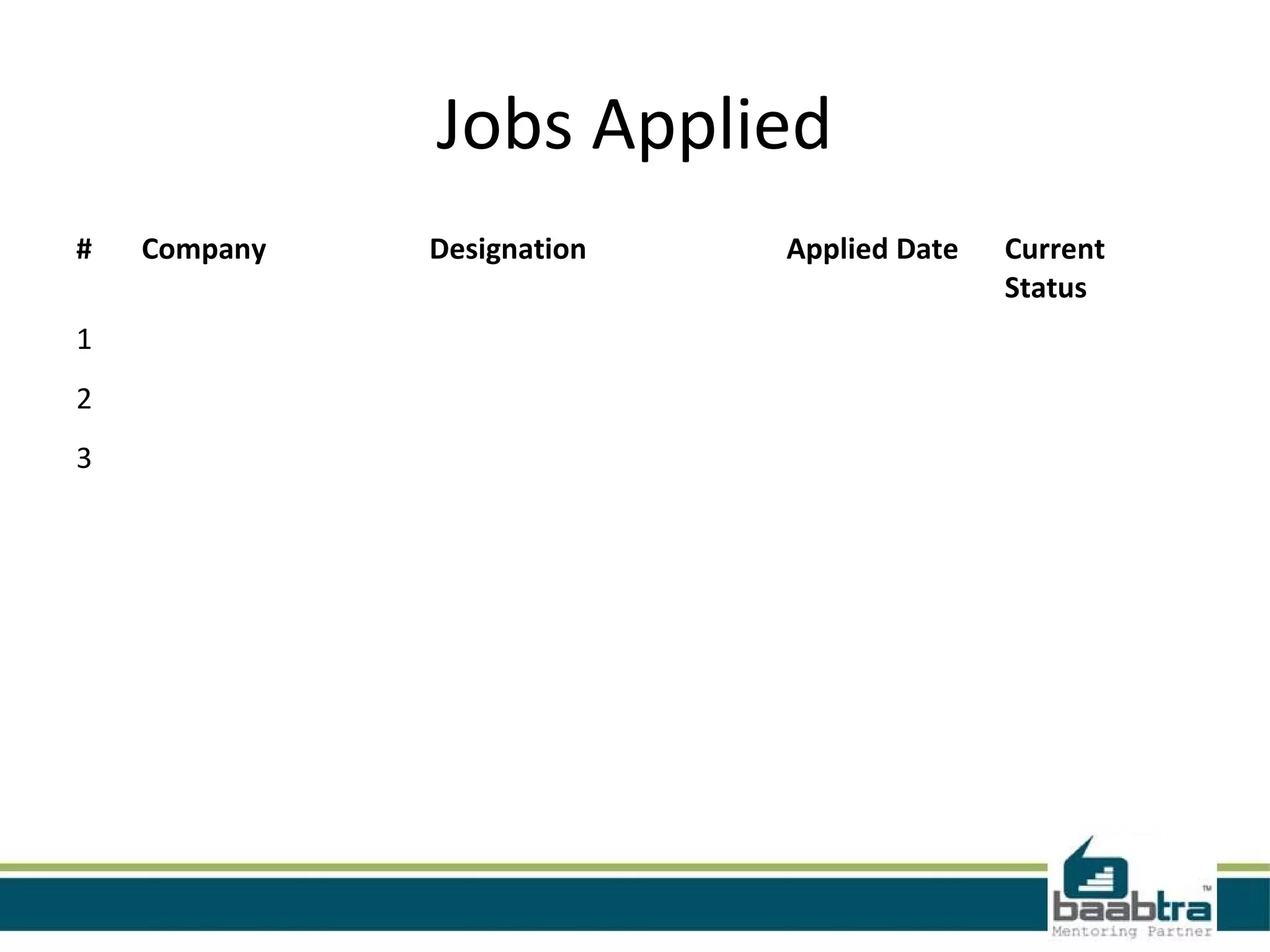 Jobs Applied
# Company Designation Applied Date Current
Status
1
2
3
 