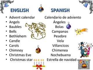 ENGLISH SPANISHENGLISH SPANISH
• Advent calendar Calendario de adviento
• Angels Ángeles
• Baubles Bolas
• Bells Campanas
• Bethlehem Pesebre
• Candle Vela
• Carols Villancicos
• Chimney Chimenea
• Christmas Eve Nochebuena
• Christmas star Estrella de navidad
