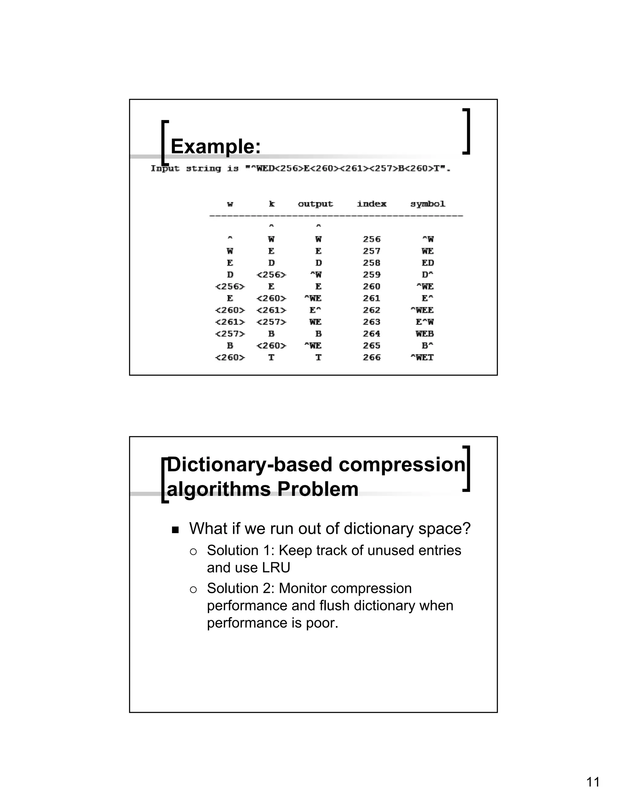 Example:




Dictionary-based compression
algorithms Problem
  What if we run out of dictionary space?
    Solution 1: Keep track of unused entries
    and use LRU
    Solution 2: Monitor compression
    performance and flush dictionary when
    performance is poor.




                                               11
 