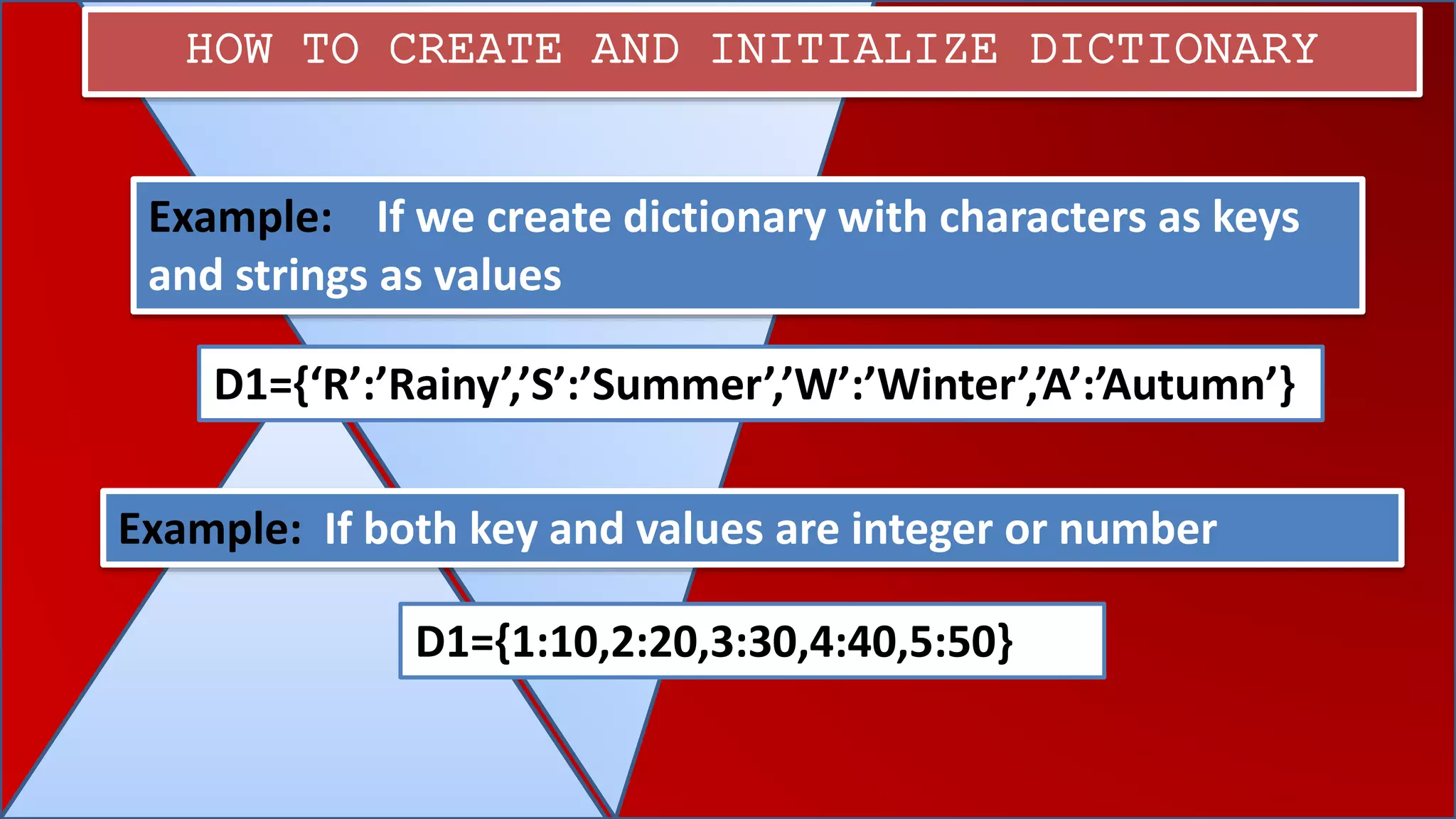 HOW TO CREATE AND INITIALIZE DICTIONARY
Example: If we create dictionary with characters as keys
and strings as values
D1={‘R’:’Rainy’,’S’:’Summer’,’W’:’Winter’,’A’:’Autumn’}
Example: If both key and values are integer or number
D1={1:10,2:20,3:30,4:40,5:50}
 