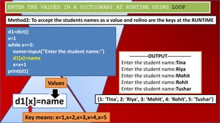 ENTER THE VALUES IN A DICTIONARY AT RUNTIME USING LOOP
Method2: To accept the students names as a value and rollno are the keys at the RUNTIME
d1=dict()
x=1
while x<=5:
name=input("Enter the student name:")
d1[x]=name
x=x+1
print(d1)
-----------OUTPUT--------------
Enter the student name:Tina
Enter the student name:Riya
Enter the student name:Mohit
Enter the student name:Rohit
Enter the student name:Tushar
{1: 'Tina', 2: 'Riya', 3: 'Mohit', 4: 'Rohit', 5: 'Tushar'}
d1[x]=name
Values
Key means: x=1,x=2,x=3,x=4,x=5
 