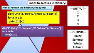 d1={'One':1,'Two':2,'Three':3,'Four':4}
for x in d1:
print(d1[x])
---OUTPUT--
1
2
3
4
Loops to access a Dictionary:
Print all values in the dictionary, one by one:
d1={'R':'Rainy','S':'Summer','W':'Winter','A':'Autumn'}
for x in d1:
print(d1[x])
---OUTPUT---
Rainy
Summer
Winter
Autumn
 