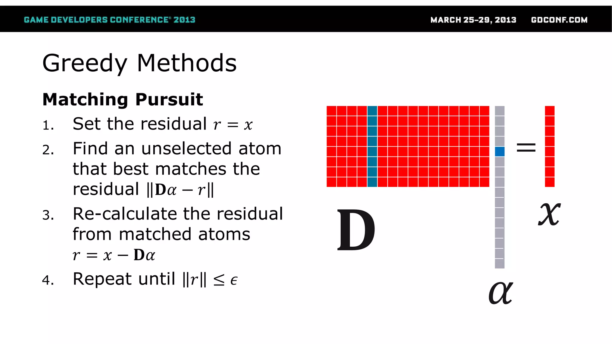 Matching Pursuit
1. Set the residual 𝑟 = 𝑥
2. Find an unselected atom
that best matches the
residual 𝐃𝛼 − 𝑟
3. Re-calculate the residual
from matched atoms
𝑟 = 𝑥 − 𝐃𝛼
4. Repeat until 𝑟 ≤ 𝜖
Greedy Methods
𝐃
𝛼
=
𝑥
 
