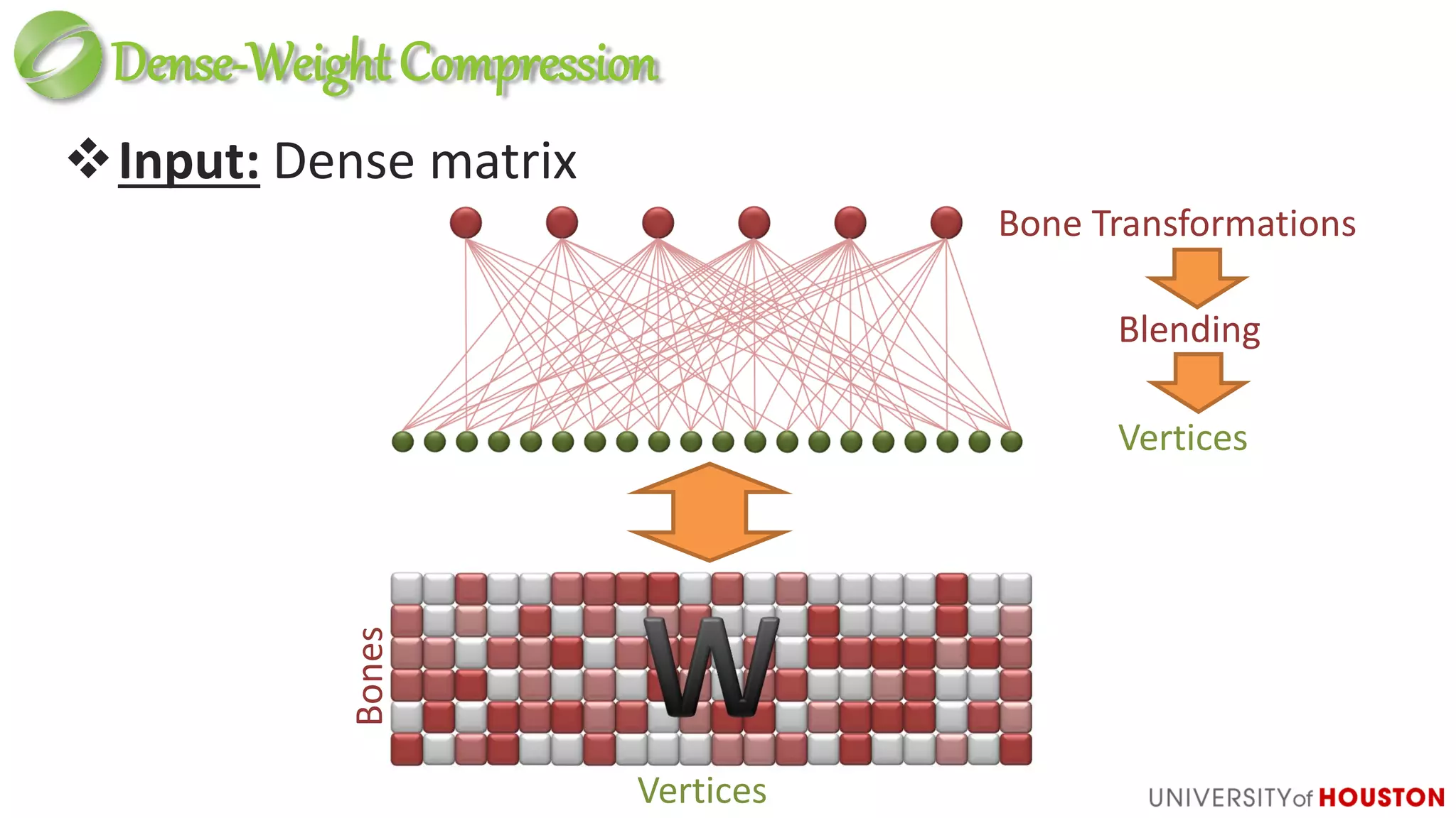 Dense-WeightCompression
Input: Dense matrix
Bone Transformations
Blending
Vertices
Vertices
Bones
 