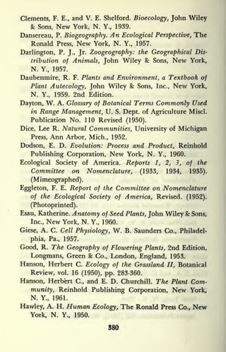 Clements, F. E., and V. E. Shelford. Bioecology, John Wiley
& Sons, New York, N. Y., 1939.
Dansereau, P. Biogeography. An Ecological Perspective, The
Ronald Press, New York, N. Y., 1957.
Darlington, P. J., Jr. Zoogeography: the Geographical Dis-
tribution of Animals, John Wiley & Sons, New York,
N. Y., 1957.
Daubenmire, R. F. Plants and Environment, a Textbook of
Plant Autecology, John Wiley & Sons, Inc., New York,
N. Y., 1959. 2nd Edition.
Dayton, W. A. Glossary of Botanical Terms Commonly Used
in Range Management, U. S. Dept. of Agriculture Miscl.
Publication No. 110 Revised (1950).
Dice, Lee R. Natural Communities, University of Michigan
Press, Ann Arbor, Mich., 1952.
Dodson, E. D. Evolution: Process and Product, Reinhold
Publishing Corporation, New York, N. Y., 1960.
Ecological Society of America. Reports 1, 2, 3, of the
Committee on Nomenclature, (1933, 1934, 1935).
(Mimeographed).
Eggleton, F. E. Report of the Committee on Nomenclature
of the Ecological Society of America, Revised. (1952).
(Photoprinted).
Esau, Katherine. Anatomy of Seed Plants, John Wiley & Sons,
Inc., New York, N. Y., 1960.
Giese, A. C. Cell Physiology, W. B. Saunders Co., Philadel-
phia, Pa., 1957.
Good, R. The Geography of Flowering Plants, 2nd Edition,
Longmans, Green & Co., London, England, 1953.
Hanson, Herbert C. Ecology of the Grassland H, Botanical
Review, vol. 16 (1950), pp. 283-360.
Hanson, Herbert C., and E. D. Churchill. The Plant Com-
munity, Reinhold Publishing Corporation, New York,
N. Y., 1961.
Hawley, A. H. Human Ecology, The Ronald Press Co., New
York, N. Y., 1950.
380
 