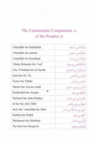 The Commander Companions ;�
of the Prophet �
'Abdullah bin Hudhafah
'Abdullah bin Jabash
'Abdullah bin Rawahah
'Abdur Rahman bin 'Auf
Abu 'Ubaidah bin Al-Jarrah
Amr bin Al-'As
'Asim bin Thabit
Darrar bin AzwarAsadi
Hudhaifah bin Yaman
'Ikrimah bin Abu Hisham
Ja'far bin Abu Talib
l Jarir �in :Abdu�lah bin Jabir
r Khahd bm Wahd
Muthanna bin Harithah
Nu'man bin Muqarrin
..;l.h. .:.r. .i.JI 4
•
... j "'
�
. .WI...U.� ...r. .
. '
...,..1J� .:.r. .wu.;.�
0y- .:_r. �.}l�
cl�l .:.r.l .J.;.:. yl
U"""WI .:_r. J�
�L; .:.r. ��
c...SLI.JJjl .:_r. )_:;....;.
-
L>� .:.r. �l.; 1.
ib -1-l .:.r. ...;!:
.....JL.b I .
• . • ,
. -/ <.f. �
L>. . .WI......$- . , � jJ. . ...r. . ...r. f.-;_�
.AJJ .:.r. JJL>
 
