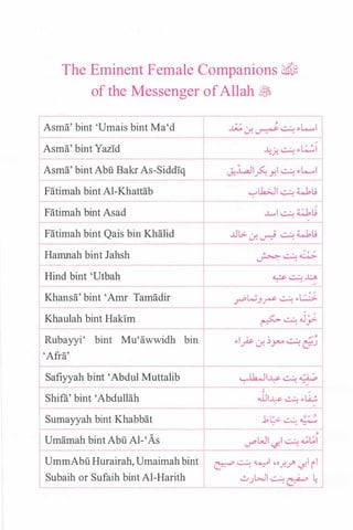 The Eminent Female Companions ¥�
of the Messenger ofAllah �
Asma' bint 'Umais bint Ma'd
Asma' bint Yazid
Asma' bint Abu Bakr As-Siddiq
Fatimah bint Al-Khattab
Fatimah bint Asad
Fatimah bint Qais bin Khalid
Hamnah bint Jahsh
--+----
rHind bint 'Utbah
Khansa' bint 'Amr Tamadir
I Khaulah bint Hakim
Rubayyi' bint Mu'awwidh bin
'Afra'
I Safiyyah bi�dul Muttalib
tShira' bint 'Abdullah
I
Sumayyah bint Khabbat
Umamah bint Abu Al-'As
UmmAbu Hurairah, Umaimah bint
Subaih or Sufaih bint Al-Harith
� - · �
�:��- --
0 '
��J� ...:..:..: .. L.::..:.:>-
c � ...:..:..: .J.;
- ��..l.:->-...:..:..:-:�;,I- '
.J.ll..l.:->- ...:..:..: ,.L..i..;,
.bl::>- ...::...;., �
ifWI����� 1
C?""" ...::...;., �I '•..r..r �I il
G>}.>JI ...:..:..: � � I
 