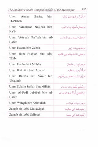 TheEminent FemaleCompanions::Cfi ofthe Messenger 1 05
Umm Aimen Barkat bint
Tha'labah
I
Umm 'Ammarah NasThah bint
Ka'b
Umm 'Atiyyah Nasibah bint Al­
Harith
Umm Hakim bint Zubair
I
urru: Ham Fakhtah bint
Umm Haram bint Milhan
��� Kulthilm bmt 'Aq�bah
lumm Ruman bmt 'Am1r
'Uwaimir
Abu
-�-bin
Umm Sulaim Sahlah bint Milhan
Umm Al-Fadl Lubabah bint Al­
Harith
Umm Warqah bint 'Abdullah
I
Zamab bmt AbU Mu'awiyah
amab bmt Abu Sahmah
..,...,- "-'; � •jw-Jc.,..!WI � � � il
I
_;::j � � il
�l1 �� � �[j J� rl
_______I
0L.:.r..l. c..:... ; I : / �i-:, I- � r-- r
�
c.,..!WI � ;_;t.;J JMI il
'
.ill!� � �.J.J rl--
 