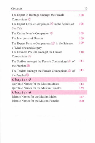 Contents 1 0
The Expert in Heritage amongst the Female 108
Companions L/J
The Expert Female Companion �� in the Secrets of 108
Shari'aP.
The OratorFemale Companion&.'� 109
The Interpreter ofDreams 109
The Expert Female Companions ;;(&,in the Science 109
ofMedicine and Surgery
The Eminent Poetess amongst the Female llO
Companions �&,
The Scribes amongst the Female Companion.s Wt¢ of Ill
::;�
the Prophet �
The Traders amongst the Female Companion.s 'J:(j; of 111
the Prophet�
Chapter:S
Qur'anic Names forthe Muslim Males ll3
Qur'anic Names for the Muslim Females 139
Chapter:6
Islamic Names for the Muslim Males 157
Islamic Names for the Muslim Females 200
 
