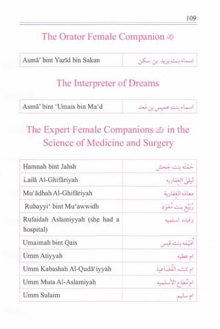 1 09
The Orator Female Companion L!tt
IAsma' bint Yazid bin Sak
_
an
The Interpreter of Dreams
Asma' bint 'Umais bin Ma'd
The Expert Female Companions ::lift in the
Science of Medicine and Surgery
Hamnah bint Jahsh
Laila Al-Ghifliriyah
Mu'adhah Al-Ghifliriyah
Rubayyi' bint Mu'awwidh
rRufaidah Aslamiyyah (sh� had a
hospital)
Umaimah bint Qais
Umm Atiyyah
�
---
Umm Kabashah Al-Quda'iyyah
Umm Muta Al-Aslamiyah
Umm Sulaim
+
"'-' LWI ' I I_
_) r.5-::'
. .., .., , �,
:Jy-;> � �_)
�I •�_;
, J
4...s.L..a.ill ....::...5 I- . i
�l� t.�r� I
rr1
 
