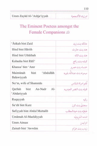 1 10
Urnm Zayad Al-'Ashja'iyyah
The Eminent Poetess amongst the
Female Companions 2d�
'Atikah hint Zaid
Hind hint Harith
Hind bint Uthathah
Kabasha bint Rafi'
Khansa' hint 'Amr
Maimunah
Balawiyyah
bint
Nu'm, wife of Shammas
'Abdullah
Qatilah hint An-Nadr Al-
'Abdariyyah
Ruqayyah
Sa'da hint Kurz
I Safiyyah bint Abdul Muttalih
IUm�mah Al-Mazidiyyah
Urnm Aiman
Zainah hint 'Awwam
+- -
,...9 1 ...::...;.., �L J . .
J,
«:}: w I� ...::..:..; .._;.r-:1'
�...L;_;JI <Lol..l
-/� --
�' r'
r'� ...::..:..; �j
 