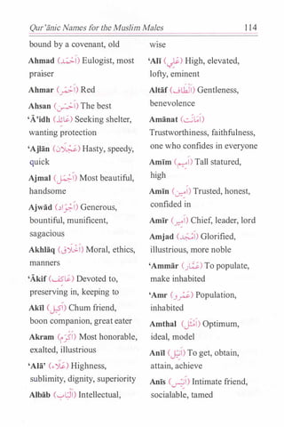 Qur'iinic Names for the Muslim Males 1 14
bound by a covenant, old
Ahmad (�l) Eulogist, most
praiser
Ahmar (_;.;.) Red
Ahsan (�I) The best
'A'idh (��) Seeking shelter,
wanting protection
'Ajlan (0��) Hasty, speedy,
quick
Ajmal (�) Most beautiful,
handsome
Ajwad (�_:;.,;..) Generous,
bountiful, munificent,
sagacwus
Akhlaq (J);..) Moral, ethics,
manners
'Akif (......6�) Devoted to,
/
preserving in, keeping to
Akil (�) Chum friend,
boon companion, great eater
Akram (i_j) Most honorable,
exalted, illustrious
'Ala' (..�) Highness,
sublimity, dignity, superiority
'/
Albab ('--:-"l;JI) Intellectual,
WISe
'Ali (�) High, elevated,
lofty, eminent
/ '/
Altaf (..Jlhll) Gentleness,
benevolence
Amanat (..:.i�)
Trustworthiness, faithfulness,
one who confides in everyone
Amim (�) Tall statured,
high
Amin (�I) Trusted, honest,
confided in
Amir (�I) Chief, leader, lord
Amjad (�) Glorified,
illustrious, more noble
'Ammar (J�) To populate,
make inhabited
'Amr (3_;.;.) Population,
inhabited
Amthal Cj;l) Optimum,
ideal, model
Anll CcRI)To get, obtain,
attain, achieve
Anis (�) Intimate friend,
socialable, tamed
 