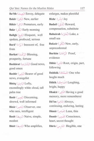 Qur'anic Names for the Muslim Males 1 17
Ba'ith (...:.._:!) Envoy, delegate
Bakir (�) New, earlier
Bakir C_;�) Premature, early
0
Bakr (_,5��') Early morning
Baligh Ce) Eloquent, well
spoken, profound, serious
Bara' (.,._:; ) Innocent of, free
from
Barkat C...::.S:;) Blessing,
prosperity, fortune
Basharat (...::..>��) Good news,
good omen
Bashir (�) Bearer ofgood
news, evangelist
Basiq (J-..>�) Lofty,
exceedingly white cloud, tall
palm tree
Basir (�) Discerning,
shrewd, well informed
Basir (_,....,�) Observer, one
who sees, intelligent
Basit (�) Naive, simple,
modest
Basit (��) Who amplifies,
enlarges, makes plentiful
Bishr (�) Joy
Budail CJ.:i;) Reward,
compensation, substitute
Buhairah (o;.;..;) Lake, a
small sea
Bukair (�) New, early,
unprecedented
Burhan (L.JL.,l;_::) Proof,
evidence
Dabir C_r.l;) Root, origin, part,
following
Dahhak (!l�) One who
laughs much
Dahik (�W) Laughing,
bright, happy
Dhakir (��) Having a good
memory, more rememberer
Da'im (�;) Always,
continuing, enduring, lasting
Damir (�W) Lean, thin
Damir (�) Conscience,
heart, secret thought
Daris (u"_);) Illegible, one
 