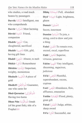 Qur'finjc Names for the Mushm Males 1 1 8
who studies, a road much
beaten by passengers
Darrak (!JI�;) Intelligent, one
who comprehends
Darrar ()_;;) Most harming
Dawiid (�_,1;) Friend,
compamon
Dhablh (��) Cut,
slaughtered, sacrificed
Dhahlb (��) Gilt, gild,
having gilt lines
Dhahil (��) Absent, to melt
Dhakir <;I�) Rememberer
Dhlshan C.J��) Important,
weighty, momentous
,
Dhuhaib (��) A piece of
gold
' ' �
Dhulkifl (�1_,�) Guarantor,
one who cares for
,.... _.... o J.
Dhul-Qarnaian (���_,�)
Having two horns
� ,
Dhun-Niin (l.JjJI_,�) Jonah
(ofthe great fish), title ofa
Prophet�
Dihaq (!J�) Full, abundant
Diya' (.-t;.,o) Light, brightness,
gleam
,
Dumair (�)
Secret, innermost
,
Dumam (i�) Tojoin, a
string, cord to draw andjoin
a thing
Fadal (�) To remain over,
exceed, excel, superflous
Fadil (�u) Superior,
virtuous, generous
Fahlm (�) Very intelligent,
discerning, sagacious,
judicious
Fa'id (�u) Plentiful,
superabundant, excess,
COpiOUS
Faid (�) Abundance, flow,
affluence, emanation
Faidan (l.JI�5) Flood, plenty,
great gift
Faisal (�) Judge, arbiter,
sharp sword
Fa'iz (�u) Successful, one
 