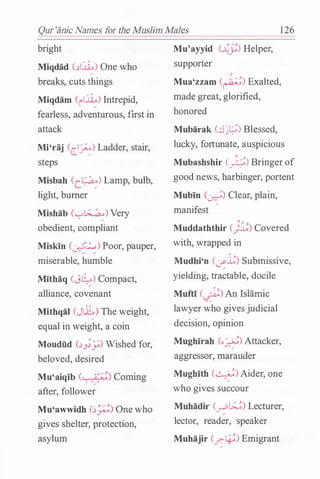 Qur'iinic Names for the Muslim Males 126
bright
Miqdad (�l.:ii.) One who
/
breaks, cuts things
Miqdam (il�)Intrepid,
fearless, adventurous, first in
attack
Mi'raj Ccl�) Ladder, stair,
steps
Misbah Cc�) Lamp, bulb,
light, burner
Mishab ('":'"'�) Very
obedient, compliant
Miskin (�) Poor, pauper,
miserable, humble
Mithaq (J�) Compact,
alliance, covenant
Mithqal (J�) The weight,
equal in weight, a coin
Moudud (�J;y) Wished for,
beloved, desired
Mu'aiqib (.. -��;!) Coming
after, follower
Mu'awwidh (��) One who
gives shelter, protection,
asylum
Mu'ayyid (�j:) Helper,
supporter
Mua'zzam (�;) Exalted,
made great, glorified,
honored
Mubarak (j��) Blessed,
lucky, fortunate, auspicious
Mubashshir C)�!) Bringer of
good news, harbinger, portent
Mubin (�) Clear, plain,
manifest
Muddaththir c)l;) Covered
with, wrapped in
Mudhi'n (U:.i;) Submissive,
yielding, tractable, docile
Mufti (�) An Islamic
lawyer who gives judicial
decision, opinion
Mughirah (o�) Attacker,
aggressor, marauder
Mughith (�) Aider, one
who gives succour
Muhadir (��) Lecturer,
lector, reader, speaker
Muhajir (_r.�) Emigrant
 