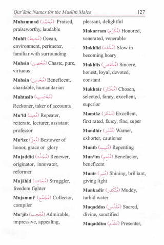 Qur'iinic Names for the Muslim Males 127
Muhammad (�) Praised,
praiseworthy, laudable
Muhit (�) Ocean,
environment, perimeter,
familiar with surrounding
Muhsin (�) Chaste, pure,
virtuous
Muhsin (�) Beneficent,
charitable, humanitarian
Muhtasib (�)
Reckoner, taker of accounts
Mu'Id (�) Repeater,
reiterate, lecturer, assistant
professor
Mu'izz (�) Bestower of
honor, grace or glory
Mujaddid (.:.W) Renewer,
originator, innovator,
reformer
Mujahid (...u,�) Struggler,
freedom fighter
Mujammi' (F) Collector,
compiler
Mu'jib (�) Admirable,
impressive, appealing,
pleasant, delightful
Mukarram (ij;) Honored,
venerated, venerable
Mukhlid (�) Slow in
becoming hoary
Mukhlis (�) Sincere,
honest, loyal, devoted,
constant
Mukhtar (.J�) Chosen,
selected, fancy, excellent,
supenor
Mumtaz (j�) Excellent,
first rated, fancy, fine, super
Mundhir (.JB) Warner,
exhorter, cautioner
Munib (.. -�:) Repenting
Mun'im (�) Benefactor,
beneficent
Munir (�) Shining, brilliant,
giving light
Munkadir (.J£) Muddy,
turbid water
:;:; / y.
Muqaddas (_,...,..u...) Sacred,
divine, sanctified
� � .,
Muqaddim (i..U...) Presenter,
 