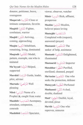 Qur'anic Names for the Muslim Males 128
donator, petitioner, brave,
courageous
Muqarrab ('-:-'�) Close or
intimate companion, favorite
Muqatil (�Li:) Fighter,
combatant, warrior
Muqbil (�) Arriving,
coming, approaching
Muqim Cr-.��) Inhabitant,
remaining, living, dominated
Muqtada ('-2���) Model,
pattern, example, one who is
imitated
Mu'ayyad (��) Helped,
supported
Murshid C-L3'_:;) Guide, leader,
pilot, adviser
Murtada (�_:;) Well
pleasing
Musa c_;,y) Name ofa
Prophet �. caught from water
Musahib (��) Acompany,
attendant, companion,
comrade
Mushahid (..u8) Spectator,
viewer, observer, watcher
Miisir C.r;;) Rich, affluent,
prosperous
Muslim (�) Muslim,
believer peace loving
Mustajab ('-:-'�)
Completed with (request),
answered (prayer)
Mustansir (�) The
seeker of help, assistance
Mustanir {__;_-� .�) Enlightened,
illuminated
Mustaurid (�J�) Importer
Mutahhar c_,.:h�) Purified,
sterilized, cleansed, purged
Mu'tasim (�) One who
seeks the protection, defense
Mutayyab (, . �h�) Perfumed
Muthanna (�) A dual,
double, dualized
Muti' Cci�!) Dutiful, loyal,
devoted, pious
Mu'tib (�) One who
reproves, censures
 