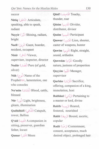 Qur'finic Names for the Muslim Males 130
succor
Natiq (J.bli) Articulate,
speaking, able to speak,
radiant
Nayyir (;;) Shining, radiant,
bright
Nazil CJ.j) Guest, boarder,
,
resident, occupant
Nazir (�G) Viewer,
supervisor, inspector, director
, ,
Nudar (_;l...a..; ) Pure (of gold,
silver)
,
Niih Cc.__,.;) Name ofthe
Prophet%!ll, lamentation, one
who consoles
,
Nu'man C:.>�) Blood, cattle,
blessed
,
Niir (.Jy) Light, brightness,
gleam, illumination
Qadhdhafi C.ji.l.;) Catapult,
rower, Ballisa
Q'aid (�) A companion in
sitting, preserver, guardian
father, locust
Qamar (_;..9) Moon
Qasif (� t.;) Touchy,
thunder, roar
Qasim (r-:"t.;) Divider,
distributor, divisor
Qasim (�) Participant
Qaswar (.J_r..;) Lion, shooter,
caster of weapons, hunter
Qawim (�f) Right, straight,
sound, orthodox
Qawwam (il_;i)Goodly
nature, justness ofproportion
Qayyim (�) Manager,
supervisor
,
Qurban (0�]) Sacrifice,
offering, companion of a king,
immolation, host
Rabbani (���) Pertaining to
a master or lord, divine
Rabib C.-:-��) Reared,
fostered, nourished .
Rabit (��) Bound, ascetic,
copular
Rada (lb�) Contentment,
consent, acceptance, much
desired object, prolonged hair
 