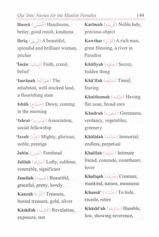 Qur'iinic Names for the Muslim Females 1 44
Husna (J.:_;-) Handsome,
better, good result, kindness
lbriq (�;�)Abeautiful,
splendid andbrilliant woman,
pitcher
'iman (0�1) Faith, creed,
belief
'lmranah (�;...:-) The
inhabited, well stocked land,
a flourishing state
lsbah <c.��) Dawn, coming
in the morning
'Ishrat (...::,;)--:) Association,
social fellowship
'lzzah (o_)..:.) Mighty, glorious,
noble, prestige
Jabin (d,) Forehead
/
Jalilah (�) Lofty, sublime,
venerable, significant
Jamilah (�) Beautiful,
graceful, pretty, lovely
Kanzah <oy-5) Treasure,
buried treasure, gold, silver
Kashifah (�LS) Revelation,
exposure, test
Karimah (�_?) Noble lady,
precious object
Kawthar (}_j5)Arich man,
great blessing, a river in
Paradise
Khafiyah (�l>-) Secret,
hidden thing
Kha'ifah (��) Timid,
fearing
Khaithamah (�) Having
.flat nose, broad ears
Khudrah (o;v:..) Greenness,
verdancy, vegetables,
greenery
Khalidah (o:U�) Immortal,
endless, perpetual
Khalilah (�l:>-) Intimate/
friend, comrade, sweetheart,
lover
Khaliqah (�l>-) Creature,
mankind, nature, meanness
Khansa' (..L::..:..o- To hide,
recede, retire
Khashi'ah (��) Humble,
low, showing reverence,
 