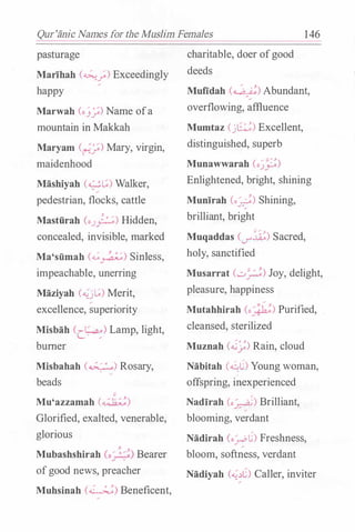 Qur'anic Names for the Muslim Females 146
pasturage
Marihah (�;) Exceedingly
happy
Marwah (o_J_:,.;) Name ofa
mountain in Makkah
Maryam (�_:,.;) Mary, virgin,
maidenhood
Mashiyah (�t,;) Walker,
pedestrian, flocks, cattle
Mastfirah (oJj..:..;,) Hidden,
concealed, invisible, marked
Ma'siimah (��) Sinless,
impeachable, unerring
Maziyah (�jl,;;) Merit,
excellence, superiority
Misbah ([.�) Lamp, light,
burner
Misbahah (�) Rosary,
beads
Mu'azzamah (a�h;!)
Glorified, exalted, venerable,
glorious
Mubashshirah (o_:;.��!) Bearer
ofgood news, preacher
Muhsinah (�) Beneficent,
charitable, doer ofgood
deeds
Mufidah (�) Abundant,
overflowing, affluence
Mumtaz (j�) Excellent,
distinguished, superb
Munawwarah (o��)
Enlightened, bright, shining
Munirah (o�) Shining,
brilliant, bright
-:; ..... ;;.
Muqaddas (Li"�) Sacred,
holy, sanctified
Musarrat (...::.,;�) Joy, delight,
pleasure, happiness
Mutahhirah (o�:) Purified,
cleansed, sterilized
Muznah e.G;;) Rain, cloud
Nabitah (�C) Young woman,
offspring, iilexperienced
Nadirah (o�) Brilliant,
blooming, verdant
Nadirah (o_:;..,oC) Freshness,
bloom, softness, verdant
Nadiyah (�.)C) Caller, inviter
 