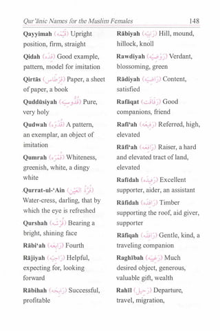 Qur'anic Names for the Muslim Females 148
Qayyimah (Q) Upright
position, firm, straight
Qidah (o..t9) Good example,
pattern, model for imitation
Qirtas C...rLb..J) Paper, a sheet
ofpaper, a book
Quddiisiyah (�3.:i.9) Pure,
very holy
Qudwah o_ ..u) Apattern,
an exemplar, an object of
imitation
'
Qumrah o�) Whiteness,
greenish, white, a dingy
white
' .
-Qurrat-ui-'Ain ( ·,.:JI ;; �j)u-
Water-cress, darling, that by
which the eye is refreshed
Qurshah (�_;) Bearing a
bright, shining face
Rabi'ah ("""-!)) Fourth
Rajiyah (...__,_J) Helpful,
expecting for, looking
forward
Rabihah (�,.�) Successful,
profitable
Rabiyah (GI) Hill, mound,
hillock, knoll
Rawdiyah (�� �-') Verdant,
blossoming, green
Radiyah ( -"1 Content,
satisfied
Ralaqat (..;...jl.3_) Good
companions, friend
Rafi'ah (0)) Referred, high,
elevated
Raft'ah (wI) Raiser, a hard
and elevated tract ofland,
elevated
Rafidah (o�)) Excellent
supporter, aider, an assistant
Rafidah (o.J.Jij) Timber
supporting the roof, aid giver,
supporter
Rafiqah (� �) Gentle, kind, a
traveling companion
Raghibah (� ,) Much
desired object, generous,
valuable gift, wealth
Rahil (J:::)) Departure,
travel, migration,
 