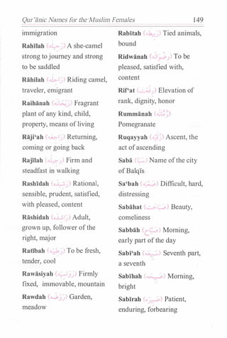 Qur'anic Names for the·Muslim Females 149
immigration
Rahilah ' A she-camel
strong tojourney and strong
to be saddled
Rahilah ) Riding camel,
traveler, emigrant
Raihanah ( ;) Fragrant
plant ofany kind, child,
property, means ofliving
Raji'ah Returning,
coming or going back
Rajilah Firm and
steadfast in walking
Rashidah o.J. ) Rational,
sensible, prudent, satisfied,
with pleased, content
Rashidah (�...L I) Adult,
grown up, follower ofthe
right, major
Ratibah (
tender, cool
Rawasiyah /
To be fresh,
I_) ) Firmly
fixed, immovable, mountain
Rawdah (,,...,:,�<)) Garden,
meadow
Rabitah •b.. Tied animals,
bound
Ridwanah '. ,) To be
pleased, satisfied with,
content
Rif'at Elevation of
rank, dignity, honor
Rummanah (...,L,J)
Pomegranate
Ruqayyah Ascent, the
act ofascending
Saba Name ofthe city
ofBalqis
Sa'bah 1 ) Difficult, hard,
distressing
Sabahat
comeliness
Beauty,
Sabbah <cs > Morning,
early part ofthe day
Sabi'ah .. ..... ) Seventh part,
a seventh
Sabihah .,_;.___ ) Morning,
bright
Sabirah (. �� ) Patient,
enduring, forbearing
 