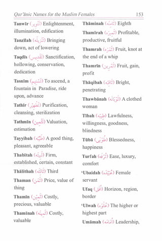 Qur'iinic Names for the Muslim Females 1 53
Tanwir (_r-}3) Enlightenment, Thaminah (�G) Eighth
illumination, edification
Tanzilah (.J.:;;) Bringing
down, act oflowering
Taqdis (��) Sanctification,
hollowing, conservation,
dedication
Tasnim (1,-�0::) To ascend, a
fountain in Paradise, ride
upon, advance
Tathir (�) Purification,
cleansing: sterilization
Tathmin (:,._��:) Valuation,
estimation
Tayyibah (�) A good thing,
pleasant, agreeable
Thabitah (�) Firm,
established, certain, constant
Thalithah (dG) Third
Thaman (�) Price, value of
thing
Thamin (�) Costly,
precious, valuable
Thaminah (�) Costly,
valuable
Thamirah (.�) Profitable,
productive, fruitful
Thamrah (o_;j) Fruit, knot at
the end ofa whip
Thamrin <-:r-_;5) Fruit, gain,
profit
Thaqibah (�G) Bright,
penetrating
Thawbanah (.G�j) A clothed
woman
Tibah (-.;1) Lawfulness,
willingness, goodness,
blindness
,
Tuba <J.J-1) Blessedness,
happiness
� ,
Turfah (<l9_:,.;) Ease, luxury,
comfort
'Ubaidah (o.:i.;;) Female
servant
�,
Ufaq (�I) Horizon, region,
border
, ,
'Ulwah (op) The higher or
highest part
,
Umamah (��I) Leadership,
 
