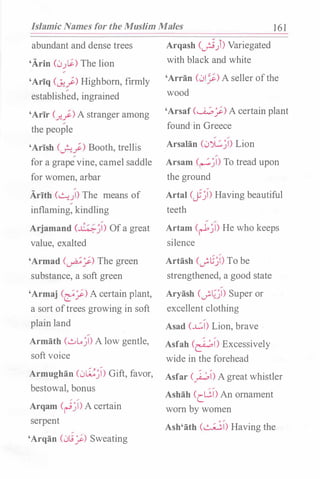 Islamic Names for the Muslim Males 1 6 1
abundant and dense trees
'Arin CJ.J�) The lion
'Ariq C0;_}) Highborn, firmly
established, ingrained
'Arir C.r.._j) A stranger among
the people
'Arish C�_j) Booth, trellis
for a grape"vine, camel saddle
for women, arbar
Arith C�)) The means of
inflaming, kindling
Arjamand C.1:�j) Ofa great
value, exalted
'Armad (�:}-) The green
substance, a soft green
'Armaj Cfi:}-) A certain plant,
a sort oftrees growing in soft
plain land
Armath C�t...)I) A low gentle,
soft voice
Armughan CJ�j) Gift, favor,
bestowal, bonus
� �
Arqam C�jl) A certain
serpent
'Arqan C:.>li:}-) Sweating
Arqash CJi)) Variegated
with black and white
'Arran C01_;:) A seller ofthe
wood
'Arsaf cu..;,:}-) A certain plant
found in Greece
Arsalan (0'>L)I) Lion
Arsam (�)I) To tread upon
the ground
Artal Cjj) Having beautiful
teeth
Artam Cr-1)I) He who keeps
silence
Artash (J-Gj) To be
strengthened, a good state
Aryash CJ-l01) Super or
excellent clothing
Asad C..L.I) Lion, brave
Asfah C�i) Excessively
wide in the forehead
Asfar C).;,) Agreat whistler
Ashah Cc_GI) An ornament
worn by women
Ash'ath c..:..;j) Having the
 