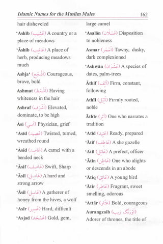 Islamic Names for the Muslim Males 1 62
hair disheveled
'Ashib (.. _:�) A country or a
place ofmeadows
'Ashib (��) A place of
herb, producing meadows
much
Asbja' (�) Courageous,
brave, bold
Ashmat (�) Having
whiteness in the hair
Ashraf (,_j�) Elevated,
dominate, to be high
Asi (=,_..) Physician, grief
'Asid (�) Twisted, turned,,
wreathed round
'Asid (J....o�) A camel with a,
bended neck
'Asif (��) Swift, Sharp
'Asil CJ.:>�) Ahard and
strong arrow
'Asil CJ:-�) A gatherer of
honey from the hives, a wolf
'Asir (�) Hard, difficult
'Asjad (�) Gold, gem,
large camel
'Asaliin (l.J�) Disposition
to nobleness
Asmar (_;...:.!) Tawny, dusky,
dark complexioned
'Ashwan (L>I?) A species of
dates, palm-trees
Athif (.......ti) Firm, constant,
following
Athil Cc.RI) Firmly rooted,
noble
Athir C)T> One who narrates a
tradition
'Atid (�) Ready, prepared
'Atif (.._.i.1, �) A she gazelle
'Atil (��) Aprefect, officer
'Atin (��) One who alights
or descends in an abode
'Atiq (��) Ayoung bird
'Atir C)'�) Fragrant, sweet
smelling, odorous
'Attar (.J�) Bold, courageous
Aurangzaib ('-:-:j &�_;)
Adorer ofthrones, the title of
 