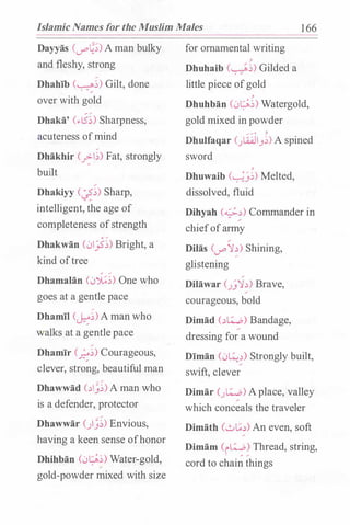 Islamic Names for the Muslim Males 1 66
Dayyas (_,.o�;) A man bulky
and fleshy, strong
Dhahib (�;) Gilt, done
over with gold
Dhaka' (..lS;) Sharpness,
acuteness ofmind
Dhakhir c_,::-1.;) Fat, strongly
built
Dhakiyy (��) Sharp,
intelligent, the age of
completeness ofstrength
Dhakwan (01_;5-;) Bright, a
kind oftree
Dhamalan (0�;) One who
goes at a gentle pace
Dhamil (�;)A man who
walks at a gentlepace
Dhamir (��) Courageous,
clever, strong, beautiful man
Dhawwad (�I�;)A man who
is a defender, protector
Dhawwar ()�;) Envious,
having a keen sense ofhonor
Dhihban (0c;;.�) Water-gold,,
gold-powder mixed with size
for ornamental writing
�
Dhuhaib (��) Gilded a
little piece ofgold
�
Dhuhban C0c;;.�) Watergold,
gold mixed in powder
, ,.. o ,
Dhulfaqar (}.Q..JI_,�) A spined
sword
�
Dhuwaib (�_)�) Melted,
dissolved, fluid
Dihyah c...;;�) Commander in
chiefofarmy
Dilas C-.,.o'1:) Shining,
glistening
Dilawar (.J.J'l�) Brave,
courageous, bold
Dimad c��) Bandage,
dressing for a wound
Diman (0��) Strongly built,
swift, clever
Dimar C�) A place, valley
which conceals the traveler
Dimath (..._:..,[;..)) An even, soft
Dimam (i�� Thread, string,
cord to chain things
 