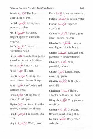 Islamic Names for the Muslim Males 1 68
Farras (..J""'I)) The lion,
skillful, intelligent
Fartah Cekj) To expand,
broaden, widen
Faslh (�) Eloquent,
elegant speaker, chaste in
language
Faslh (�) Spacious,
roominess, wide
Fatik (��) Bold, daring, one�
who does formidable affairs
Fatln (�) A story tract
Fatlq (�) Slit, rent
�
Fuwaq (JI_J.;) Milking, the
time between two milkings
Fazir (Jj�) A soft wide and�
compact road
Fi'am (i�) A thing that is
spread to sit upon
Fiyam (i�) A piece ofleather
bucket, a company ofmen
Firad (_,.01�) The mouth ofa
nver
Firyad (uP��) Wide, broad
Fitan C.:£;) A leather covering
· �
Fuljan (0�) To retain water
�
Fur'an (0�J) Superior,
excellent
Gawhar c_;JS) A pearl, gem,
jewel, nature, descent
Ghadanfar C)� ;,�) Lion, a
man big or thick in body
Ghadlf Cu;.,.ai) Relaxed, soft,�
plentiful in circumstances
Ghadif C.........i...Oli.) Soft,�
plentiful, relaxed
Ghafir (�) Large, great,
covering, guard
Ghailan C0:>ci) Bulky, big
splendid
Ghaiman (0¥) Thirsty,
affected with internal heat
Ghayyiir CJP,) Veryjealous,
sensitive
Gulbar ()� jr> Shedding
flowers, scintillating stick
� · �
Gullam (i�) Rosy faced,
red colored
 