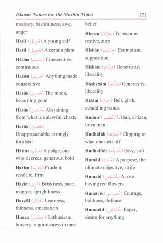 Islamic Names for the Muslim Males 1 7 1
modesty, bashfulness, awe,
anger
Hasil CJ;!-)Ayoung calf
Hasil (�) A certain plant
Hasim (r-:" [.;.) Consecutive,
continuous
Hasim
.
<�) Anything made
consecutive
Hasin (.:..r-- [.;.) The moon,
becoming good
Hasin (:.r:'t;.)Abstaining
from what is unlawful, chaste
Hasin (�)
Unapproachable, strongly
fortified
Hatim (�t;.) Ajudge, one
who decrees, generous, bold
Hazim (�_;:.) Prudent,
resolute, firm
Haziz (_j._?) Briskness, pace,
manner, sprightliness
Hazzal (JI_;.) Leanness,
thinness, emaciation
Himas (_r·�) Enthusiasm,
bravery, vigorousness in ones
belief
Hirran (01�) To become
restive, stop
Hisban (0�) Estimation,
supposition
Hisham (i�) Generosity,
liberality
Hashsham (ib) Generosity,
liberality
Hizam (il�) Belt, girth,
swaddling bands
Hudair (�) Urban, citizen,
town man
Hudhafah (..iii;.) Clipping or
what one cuts off
Hudhaifah (��) Easy, soft
Humad <��) Apurpose, the
ultimate objective, strife
Humaid (�) A rose
havingred flowers
Humaris (_,....J�) Courage,
boldness, defence
Hummad (,__?L!;) Eager,
desire for anything
 