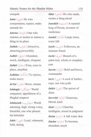 Islamic Names for the Muslim Males 1 74
compels
Jabir (_;.;-) He who
compensates, repairs, make
amends for
Jabran (01�) One who
restores or incites to restore a
thing to its place
Jadhib (._,��) Attractive,.
/
attracting powerfully
Jadhil CJ�) Abundant,
much, intelligent, eloquent
Jadhil (J��) Firm, erect in
place, steadfast
Jadhlan (0'1.b;-) To rejoice,
make merry
Ja'far (r) River, stream
Jahangir (�lp,.) World
conqueror, appellation ofa
Mughal emperor
Jahanzaib (�)lp,.) World
adorning, high: strong voice,
beautiful, one who pleases
the beholder
Jahir (�) Loud, vehement,
bold, daring
Jahir (��) He who reads,
recites a thing aloud
Jamshid (�) A reputed
king ofPersia, inventor of
medicines
Jundal (J�) Large stone,
waterfall
Janib (�) Followers, an
intimate friend
Jarid (�?.) Branch ofa
palm-tree, whole or complete
year
Jarrar ()_?..) Bold andbrave,
commander
Jarir C.r..?.) A cord ofleather ,
rope, one who pulls
Jathir (�) The quiver of
shins
Jawwad (.)�) Generous,
liberal, kind
Jazil (J.)�) Cheerful,
intelligent, sound injudgment
Jazim (i��) A full water skin
Jimam (i�) To become,
abundant, much
 