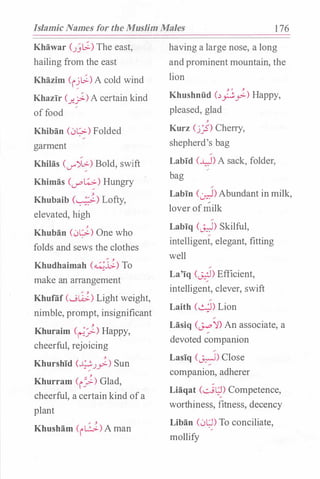 Islamic Names for the Muslim Males 1 76
Khawar C)t.::) The east,
hailing from the east
Khazim (i�t.::) A cold wind
Khazir C_r..)-)A certain kind
offood /
Khiban (0l;>-) Folded
garment
Khilas (if�) Bold, swift
Khimas (V""�) Hungry
Khubaib (,. ��_,:) Lofty,
elevated, high
y
Khuban (0l;>-) One who
folds and sews the clothes
Khudhaimah (�J;.) To
make an arrangement
Khufiif (w�) Light weight,
nimble, prompt, insignificant
Khuraim (�_)-) Happy,
cheerful, rejoicing
Khurshid (�.J).) Sun
Khurram (i).> Glad,
cheerful, a certain kind ofa
plant
Khusham CiLJ.) A man
having a large nose, a long
andprominent mountain, the
lion
Khushnud (�_jj).> Happy,
pleased, glad
y
Kurz (j_:..s) Cherry,
shepherd's bag
Labid (..LJ) A sack folder-· ' '
bag /
Labin (�)Abundant in milk,
lover ofmilk
Labiq (J::.:-1) Skilful,
intelligent, elegant, fitting
well
La'iq (�) Efficient,
intelligent, clever, swift
Laith (�) Lion
Lasiq (�'1) An associate, a
devoted companion
Lasiq (J.:-)) Close
companion, adherer
Liaqat C�l;!) Competence,
worthiness, fitness, decency
Liban (0tl) To conciliate�
'
mollify
 