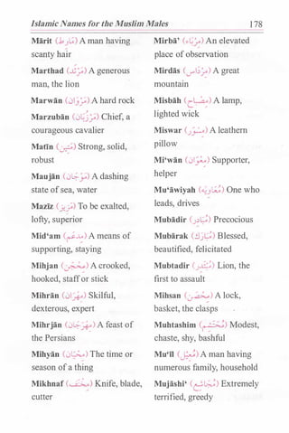 Islamic Names for the Muslim Males 1 78
Marit (.1.Jt;) Aman having
scanty hair
Marthad (...G"�) A generous
man, the lion
Marwan CJI.)�) A hard rock
} .
Marzuban (.)�j�) Ch1ef, a
courageous cavalier
Matin (�) Strong, solid,
robust
Maujan (0�y) A dashing
state ofsea, water
Maziz (_;:;) To be exalted,
lofty, superior
Mid'am (��) A means of
supporting, staying
Mihjan (�) A crooked,
hooked, staffor stick
Mihran (01�) Skilful,
dexterous, expert
Mihrjan (0��) A feast of
the Persians
Mihyan (0�) The time or
season ofa thing
Mikhnaf (�) Knife, blade,
cutter
Mirba' (..��) An elevated
place ofobservation
Mirdas (__,...I;�) A great
mountain
Misbah <c�) A lamp,
lighted wick
Miswar (.J�) A leathern
pillow
Mi'wan (01�) Supporter,
helper
Mu'awiyah (�_,�) One who
leads, drives
Mubadir (.J�t;) Precocious
Mubarak (.:l)t;) Blessed,
beautified, felicitated
Mubtadir (.Jx.;;) Lion, the
first to assault
Mihsan (�) A lock,
basket, the clasps
Muhtashim (�) Modest,
chaste, shy, bashful
Mu'il (�)A man having
numerous family, household
Mujashi' <e�> Extremely
terrified, greedy
 