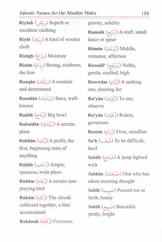 Islamic Names for the Muslim Males 1 88
Riyash (��) Superb or
excellent clothing
Riyat (.1�-) A kind ofwoolen
cloth
Rizagh (�j�) Moisture
Rizam Crlj�) Strong, stubbom,
the lion
Rauqan CJL9_)�) A resolute
and determined
Raushan C.JG_)�) Stars, well­
known
Rudah Ccl;�) Big bowl
Rubaidan C.JI.J;�) A certain
plant
Rubban (0��) A profit, the
first, beginning state of
anything
Ruhab (�t;.�) Ample,
spacious, wide place
Ruham (i��) A certain non­
preying bird
Rukam (iLS�) The clouds
collected together, a thin
accumulated
Rukanah (.G'LS�) Finnness,
gravity, solidity
Rumaih CcF�) A staff, small
lance or spear
Ruman (J�_)�) Middle,
romance, affection
Ruwaifi' Cl0.J�) Noble,
gentle, exalted, high
Ruwwam (il��)A seeking
one, desiring for
Ru'yan (0�j�) To see,
observe
Ru'yan (Jt;�) Rulers,
govemors
Ruzam (ilj�) Firm, steadfast
Sa'b (�) To be difficult,
hard
Sabah Cc�) A lamp lighted
wick
Sabhan (J�) One who has
taken moming draught
Sabib (�) Poured out or
forth, honey
Sabih (�) Beautiful,
pretty, bright
 