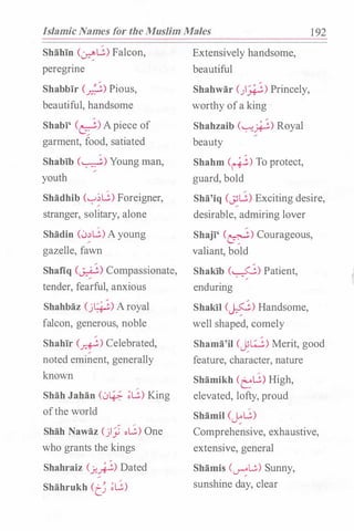 Islamic Names for the Muslim Males 1 92
Shahin (:.�G) Falcon,
peregnne
Shabbir (�) Pious,
beautiful, handsome
Shabi' (�;.�.) Apiece of
garment, food, satiated
Shabib (�) Young man,
youth
Shadhib ('-:-'�G) Foreigner,
stranger, solitary, alone
Shadin (L.J.)G) Ayoung
gazelle, fawn
Shafiq (J_.i�.) Compassionate,
tender, fearful, anxious
Shahbaz (jl�-f_�)Aroyal
falcon, generous, noble
Shahir (*) Celebrated,
noted eminent, generally
known
Shah Jahan (L.JlP.- �G) King
ofthe world
Shah Nawaz (jl_; oG) One
who grants the kings
Shahraiz (�_;j,) Dated
Shahrukh Cc� �G)
Extensively handsome,
beautiful
Shahwar ()�) Princely,
worthy ofa king
Shahzaib (��) Royal
beauty
Shahm (�) To protect,
guard, bold
Sha'iq (JJG) Exciting desire,
desirable, admiring lover
Shaji' (�) Courageous,
valiant, bold
Shakib (0) Patient,
enduring
Shakil (�) Handsome,
well shaped, comely
Shama'il (��) Merit, good
feature, character, nature
Shamikh Ct:G> High,
elevated, lofty, proud
Shamil c�G)
Comprehensive, exhaustive,
extensive, general
Shamis (�L;.) Sunny,
sunshine day, clear
 