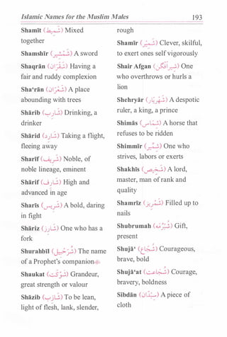 Islamic Names for the Muslim Males 1 93
Shamit (�) Mixed
together
Shamshir (J"_:��.)A sword
Shaqran (01),..:) Having a
fair and ruddy complexion
Sha'ran (0_;.j) Aplace
abounding with trees
Sharib ('-:"'}.i) Drinking, a
drinker
Sharid (�).i.) Taking a flight,
fleeing away
Sharif(�_;) Noble, of
noble lineage, eminent
Sharif (.....9J G) High and
advanced in age
Sharis (_,--:_;)Abold, daring
in fight �
Shariz (jJG) One who has a
fork
�
�
Shurahbil (�_:;....;:.) The name
of a Prophet'S'companion�"'
Shaukat (..:...5_;j) Grandeur,
great strength or valour
Shazib ('-:"'jG) To be lean,
light of fle�h, lank, slender,
rough
Shamir (J"���.) Clever, skilful,
to exert ones selfvigorously
Shair Afgan (�l.r.-3) One
who overthrows or hurls a
lion
Shehryar (Jt;�) Adespotic
ruler, a king, a prince
Shimas (_,...�) Ahorse that
refuses to be ridden
Shimmir (J"_�;> One who
strives, labors or exerts
Shakhis (�)Alord,
master, man ofrank and
quality
Shamriz (��) Filled up to
nails
�
Shubrumah (...;;.,.:.) Gift,
present
;
Shuja' Ct._�) Courageous,
brave, bold
�
Shuja'at (��) Courage,
bravery, boldness
Sibdan (0.:i;....) A piece of
cloth
 