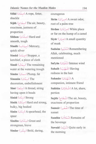 Islamic Names for the Muslim Males 1 94
Sifiid (�Li...o) A rope, fetter,
shackle
Sijah (c_�) The air, beauty,
exactness, justness of
proportion
Sildam (il�)Hard and
smooth, tough
Simab ('-:-'�) Mercury,
quick silver
Simad (��) Stopper, a
kerchief, a piece ofcloth
Simal (J�) The remaining
water at the watering trough
Siman (0k....) Plump, fat
Simman (0l!.....) The
decoration, embellishment
Simt (.1..:.....,) A thread, string
having upon it beads
Sinad (��) Strong
Sinak (.!..ll..,.:,) Hard and strong,
bulky, big bodied
Sinan (0�)A spearhead, the
spear
Sindan (01L) Great and
strongman, brave
Sindar (J.J..:....,) Bold, daring,
courageous
Siran (01�)A sweet odor,
root ofa palm-tree
Sirdan (01;_:,....:,) White place
or fur on the hump ofa camel
Siyar Ct;o)A small quantity
ofmusk
Sudaim (�L) Remembering
Allah, celebrating, much
mentioned
Sufyan (01:��.) Intense wind
Suhaib V:f�) Having
redness in the hair
Suhman (0�) A
companion, intimate friend
Suhban (0�) A lot, share,
portion
Sujah <c_t.:;..::) The air, beauty,
exactness ofproportion
Somair (�) The time of
sunset
Sumlan (0�) Remains of
the beverage
Suwaid (�_;.) Quite early in
the morning
 