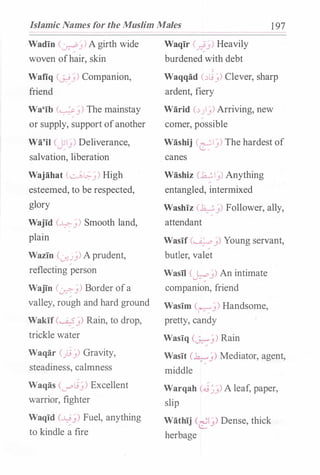 Islamic Names for the Muslim Males 1 97
Wadln ( �3) A girth wide
woven ofhair, skin
Wafiq (..:0 ) Companion,
friend
Wa'lb (�.J) The mainstay
or supply, support ofanother
Wa'il CJ·I3) Deliverance,
salvation, liberation
Wajahat (�l::-.J) High
esteemed, to be respected,
glory
Wajld (�3) Smooth land,
--
plain
Wazln (:_,.:j)) A prudent,
reflecting person
Wajln (._;::->_)) Border ofa
valley, rough and hard ground
Waklf(�j) Rain, to drop,
trickle water
Waqar C.Jli3) Gravity,
steadiness, calmness
Waqas (...r'ti3) Excellent
warrior, fighter
Waqld (-0)) Fuel, anything
to kindle a fire
Waqlr ( J;) Heavily
burdened with debt
Waqqad <��_:;) Clever, sharp
ardent, fiery
Warid (�))) Arriving, new
comer, possible
Washij <el3) The hardest of
canes
Washiz (.h.;I)) Anything
entangled, intermixed
Washlz (�j) Follower, ally,
attendant
Waslf (�j) Young servant,
butler, valet
Wasil CJ=.:'j) An intimate
companion, friend
Waslm (�_)) Handsome,
pretty, candy
Waslq (�j) Rain
Waslt (�j) Mediator, agent,
middle
Warqah (��)) A leaf, paper,
slip
Wathij (�_)) Dense, thick
herbage
 