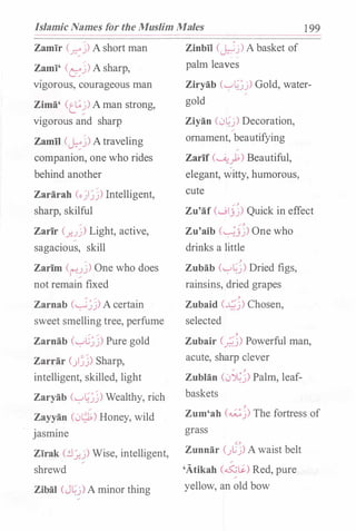 Islamic Names for the Muslim Males 1 99
Zamir C.r.::j) A short man
Zami' (�j)A sharp,
vigorous, courageous man
Zima' (c_[.;!) A man strong,
vigorous and sharp
Zamil (�j)A traveling
companion, one who rides
behind another
Zararah (o)ijj) Intelligent,
sharp, skilful
Zarir C..Ju) Light, active,
sagacious, skill
Zarim (�!j) One who does
not remain fixed
Zarnab (�jj) A certain
sweet smelling tree, perfume
Zarnab c'-:-'Cjj) Pure gold
Zarrar ()�j) Sharp,
intelligent, skilled, light
Zaryab ('-:-'�jj) Wealthy, rich
Zayyan (0�) Honey, wild
Jasmme
Zirak (�j.j) Wise, intelligent,
shrewd
Zibal (J�j)A minor thing
Zinbil (�j) A basket of
palm leaV'e�
Ziryab ('-:-'�jj) Gold, water­
gold
Ziyan (0�j) Decoration,
ornament, beautifying
/
Zarif (U:_);) Beautiful,
elegant, W'itty, humorous,
cute
/,
Zu'af (0jj) Quick in effect
/,
Zu'aib (�jj) One who
drinks a little
,
Zubab ('-:-'�j) Dried figs,
rainsins, dried grapes
,
Zubaid (�j) Chosen,
selected
,
Zubair (__;j) Powerful man,
acute, sharp clever
/
,
Zublan (0�j) Palm, leaf-
baskets
Zum'ah (..;;j) The fortress of
grass
�,
Zunnar ().;j) A waist belt
'Atikah c.s:;�) Red, pure
yellow, an old bow
 