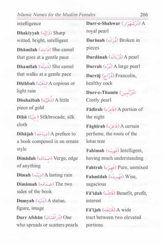Islamic Names for the Muslim Females 206
intelligence
Dhakiyyab (��) Sharp/
witted, bright, intelligent
Dhamilah (.U...I�) She-camel
that goes at a gentle pace
Dbamilab (��) She camel/
that walks at a gentle pace
Dbibbab (��) A copious or
light rain
}
Dbubaibah (��) A little
piece ofgold
Diba CL;;� ) Silkbrocade, silk
cloth
Dibajab (�l;:�) A preface to
a book composed in an ornate
style
Dimadab (o��) Verge, edge
ofanything
Dimah (��) A lasting rain
Dimamah (��) The two/
sides ofthe book
Dumyah (...;,;�)A statue,
figure, image
.... 0,..... j}
DurrAfsban (0L9.J�) One
who spreads or scatters pearls
Durr-e-Sbabwar (}��;) A
royal pearl
Duranab C.Gij�) Broken in
p1eces
Durdanab (.Gi�_)�) A pearl
Durrah (o��) A large pearl
Durraj (c_l�;) Francolin,
healthy cock
Durr-e-Tbamin (���)
Costly pearl
Fadirab (oj�L9) Aportion of
the night
Faghirab (o��) A certain
perfume, the roots ofthe
lotus tree
Fahimah (4) Intelligent,
having much understanding
Fahirab (o�) Pure, unmixed
Fabmidab CoW) Wise,
sagacwus
Fa'idab (ox�) Benefit, profit,
interest
Fa'ijab (��) A wide
tract between two elevated
portions
 