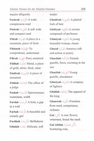 Islamic Names for the Muslim Females 208
inquire diligently
Fazarah (o)j) A wide
conspicuous road
Fazirah (o)j�) A soft wide
and compact road
Fidrah (oj�) Aplace in a
mountain, piece offlesh
Fihamah (...;�) To
comprehend, understand
Fihrah (o�) Pure, unmixed
Fildhah (o...W) Metal, a piece
ofgold, silver, flesh, meat
Findirah (o��)Apiece of
mountain
Fitahah (...;.8) The office of
ajudge
}
Fushah (�) Spaciousness,
roominess, width
' -'
Furdah (4....0j) A hole, a gap
in a wall
-'
Furhah (��)A beautiful and
comely girl
Furiihah (�.Jj) Skilfulness
Ghadah (o;�) Delicate, soft
tender
Ghadirah (o��)Aplaited
lock ofhair
Ghaliyah (._;)�) A certain
compound ofperfumes
Ghaniyah (.._;;�) Ayoung
beautiful woman, chaste
Ghazal (Jj)Amatorytalk
and action or poetry
Ghazalah (Jlj) Female
gazelle, fawn, warming in the
sun
� �
Ghazilah (�):-) Young
gazelle, abull'dance
Ghaziyah (�j�) A company
offighters
Ghidfah (�li.) The apparel of�
the king
· -'
Ghunwah (o�) Freedom
from need, competence,
richness
'
Gul CJS) A rose flower,
ornament, brand the mark
'
Gul Afshan (0�1 JS)
Scattering rose,
 